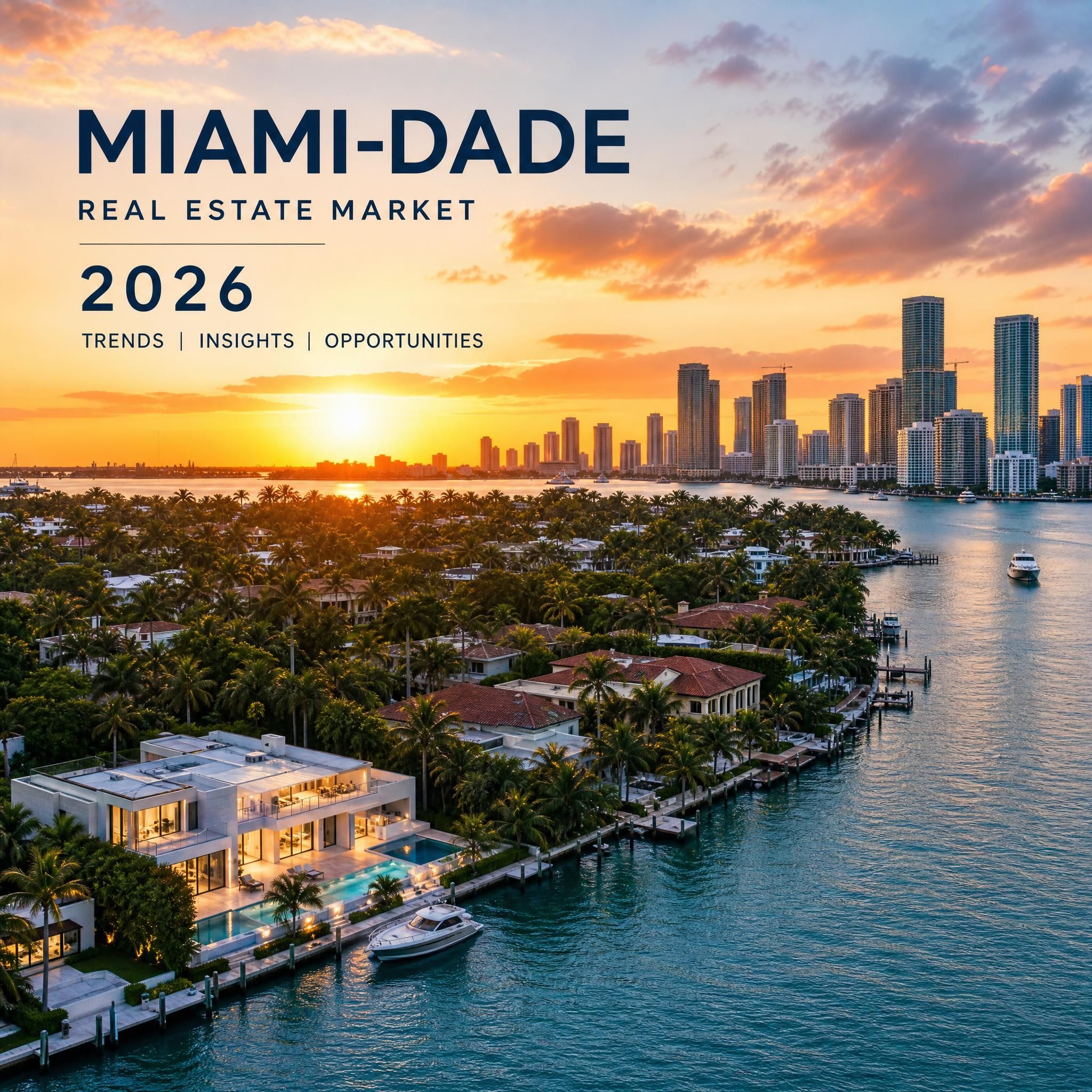 Aerial view of Miami-Dade waterfront luxury properties and skyline at sunset, representing the South Florida real estate market in 2026