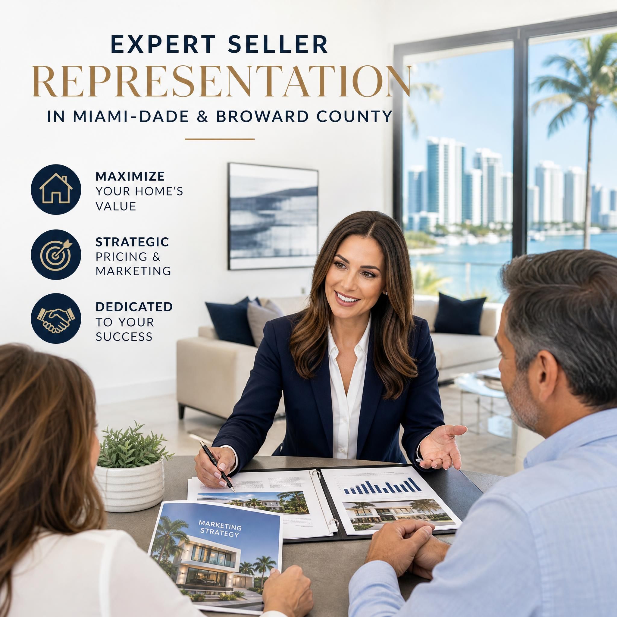 Professional South Florida real estate agent consulting with a property seller at a modern home, representing expert seller representation in Miami-Dade and Broward County