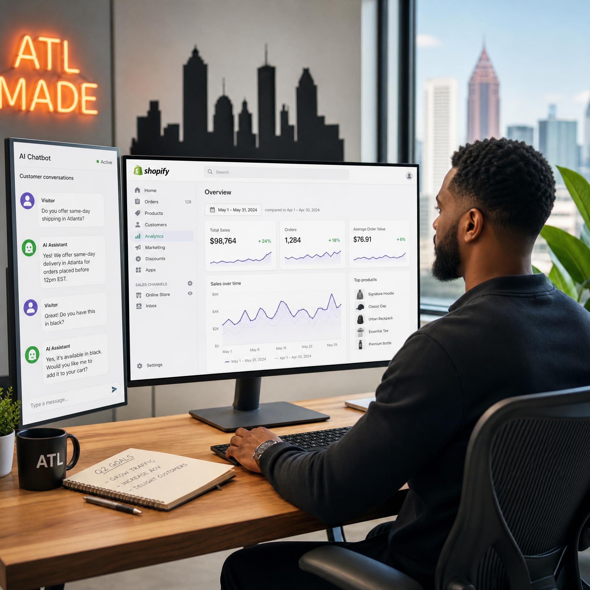 Atlanta ecommerce business owner monitoring Shopify store AI chatbot conversations and sales dashboard