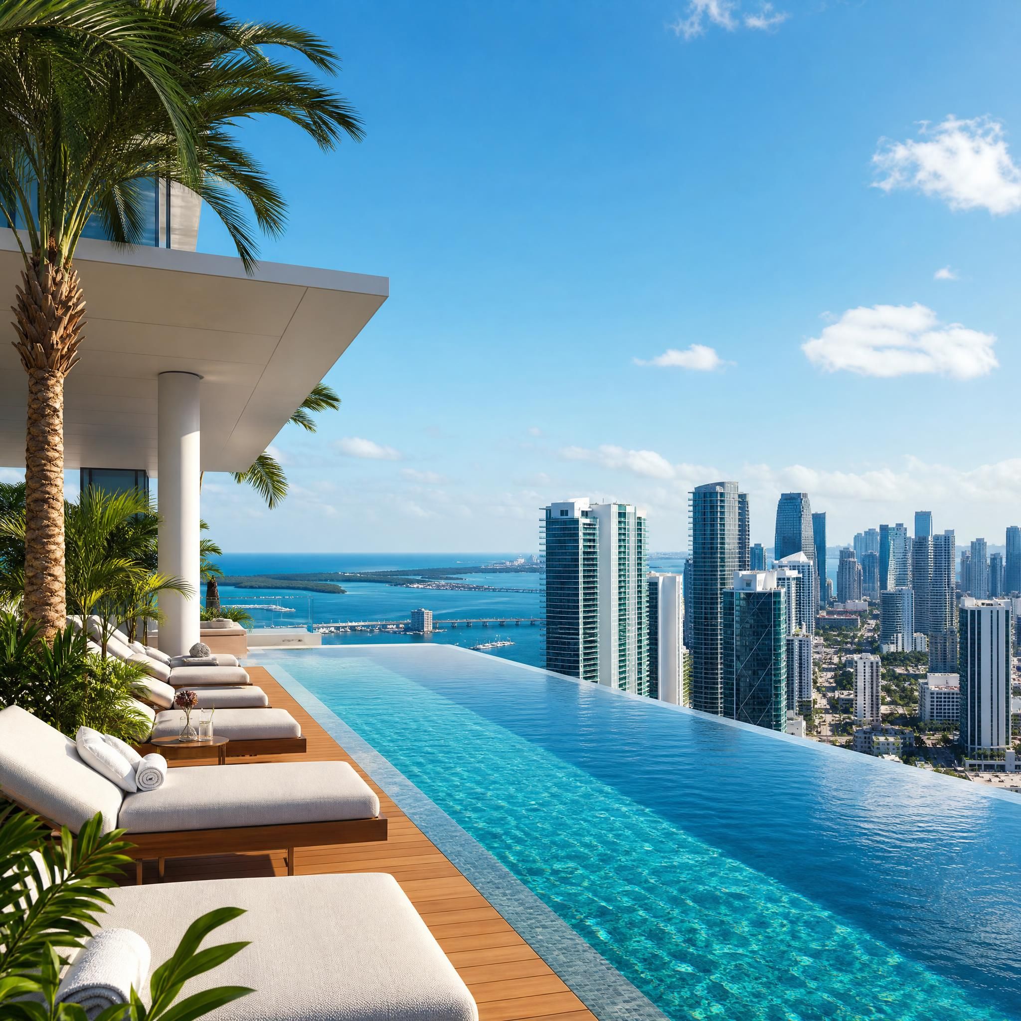 Rooftop infinity pool at a luxury Miami condo tower with panoramic views of the Miami skyline and ocean