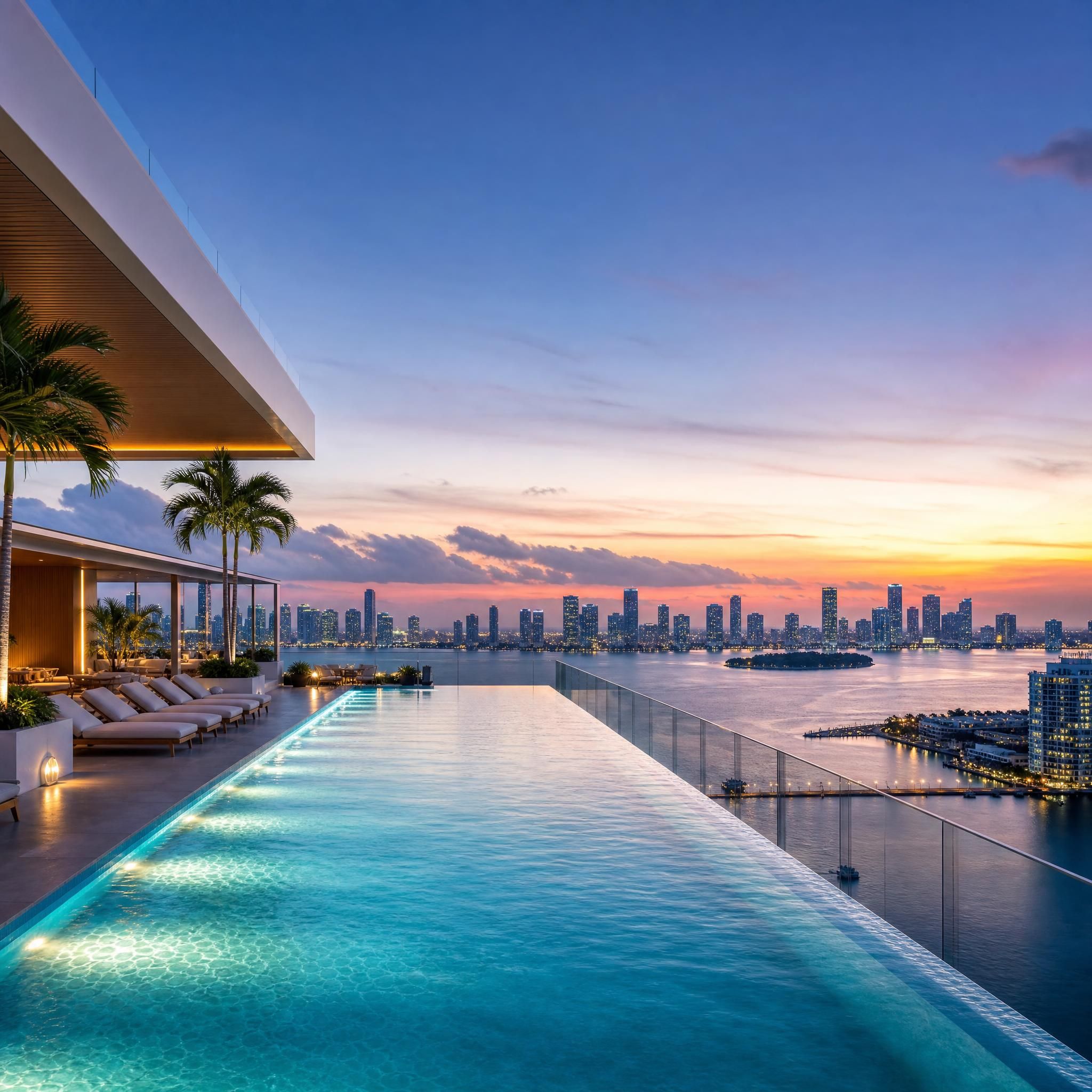 Rooftop infinity pool at a luxury Miami condo with panoramic views of Biscayne Bay and the Miami skyline at dusk