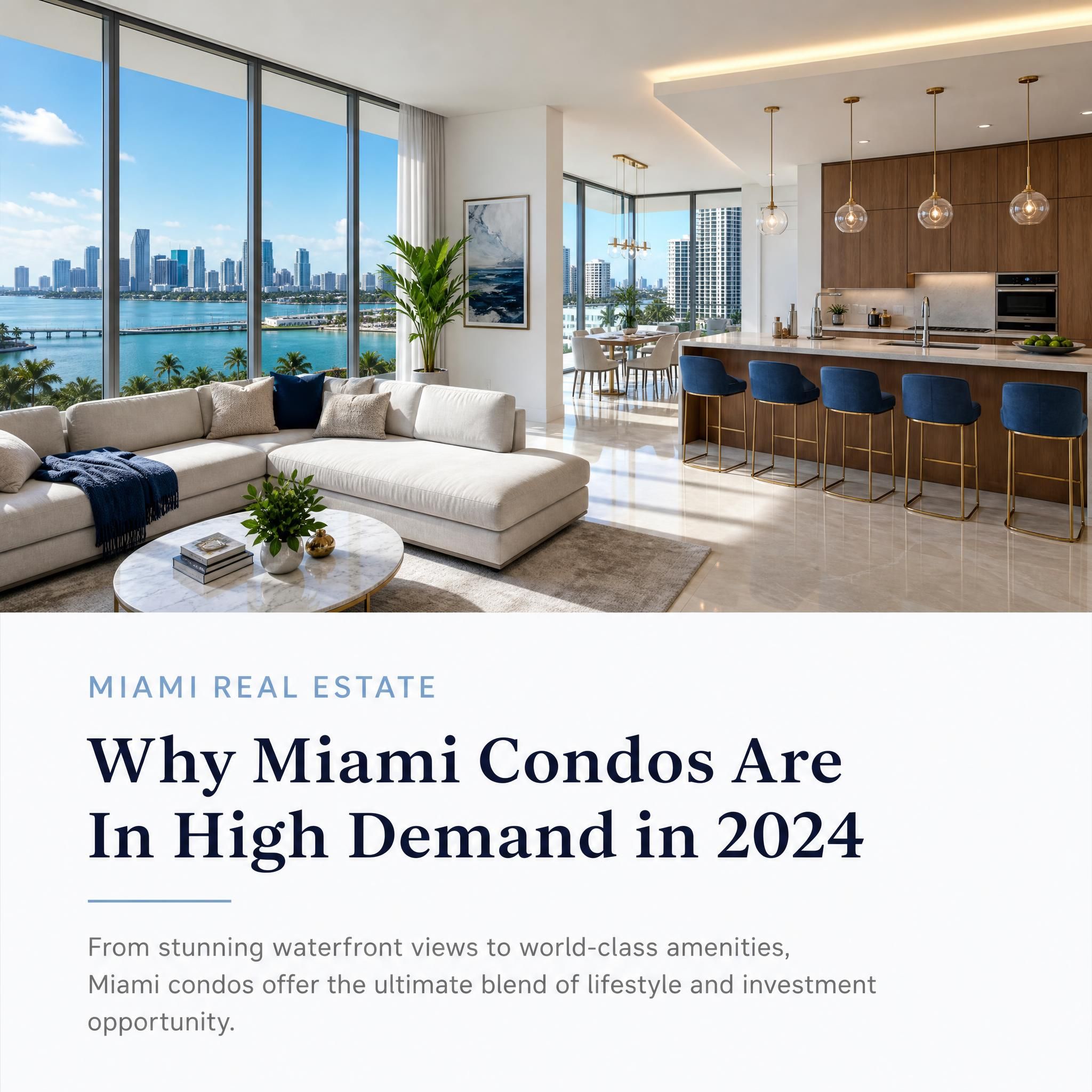 Luxury Miami condo interior with floor-to-ceiling windows overlooking Biscayne Bay and modern open-concept kitchen