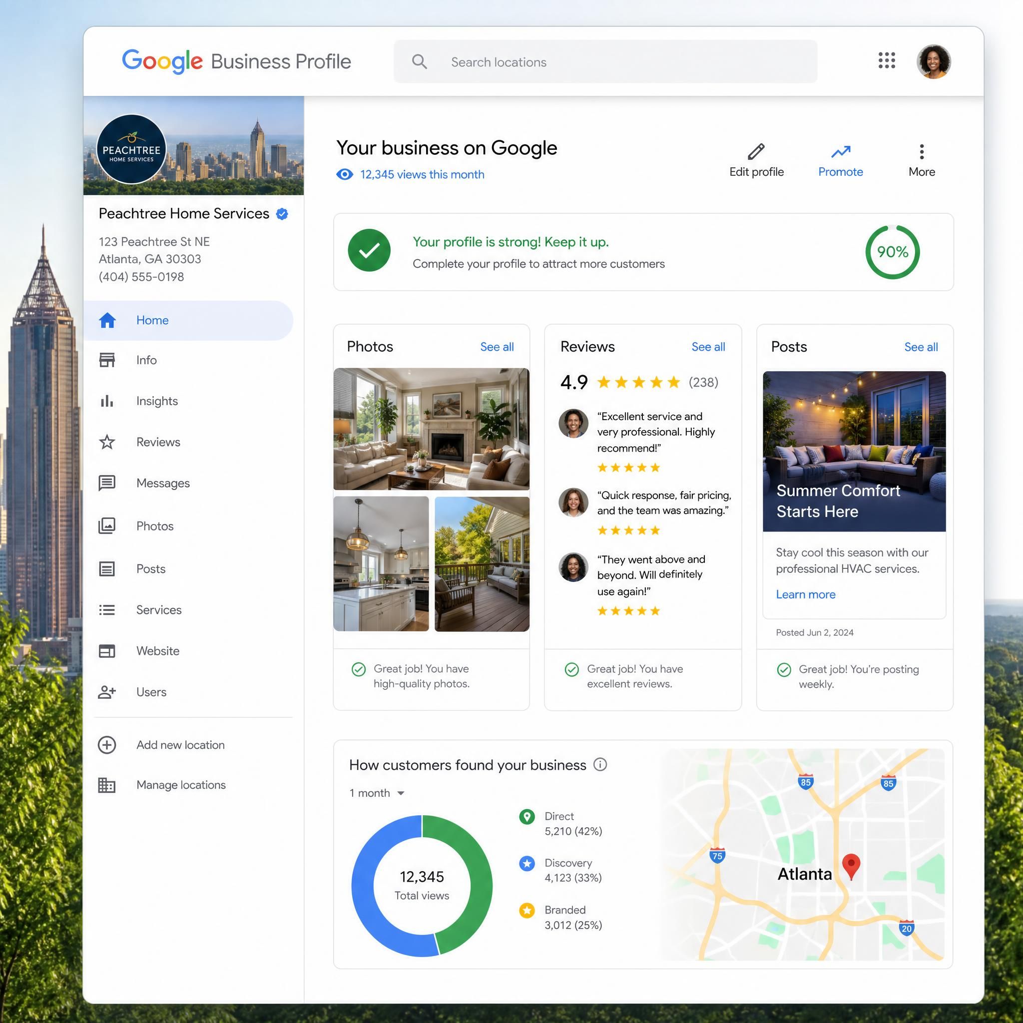 Google Business Profile dashboard showing Atlanta business with optimized photos, reviews, and weekly posts highlighted