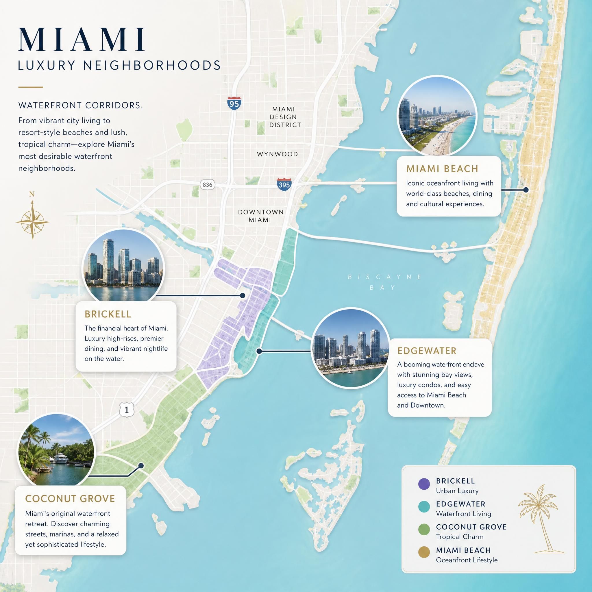 Miami luxury neighborhood map showing Brickell, Edgewater, Coconut Grove, and Miami Beach waterfront corridors