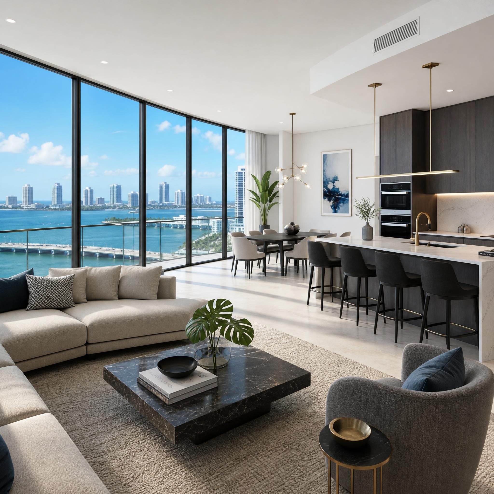 Modern luxury condo interior with floor-to-ceiling windows overlooking Biscayne Bay, open-plan living space with designer finishes