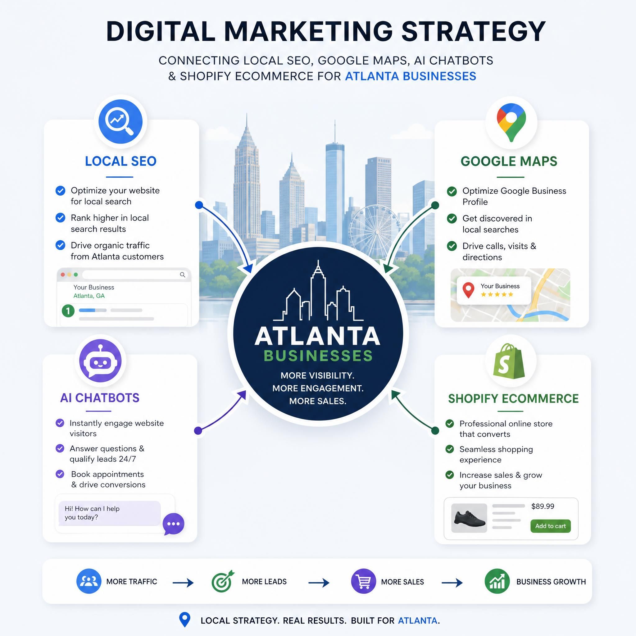 Digital marketing strategy diagram showing the connection between local SEO, Google Maps, AI chatbots, and Shopify ecommerce for Atlanta businesses