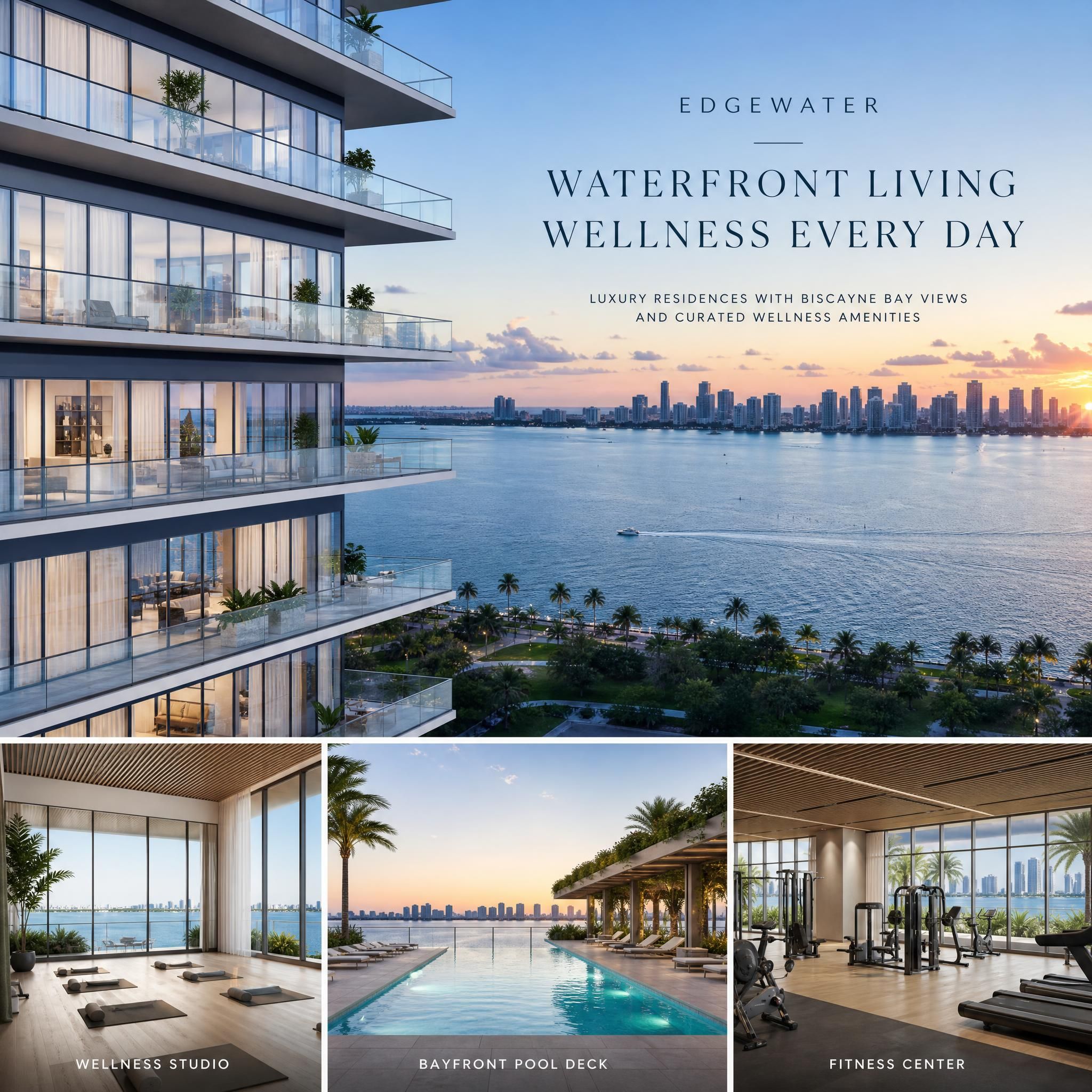 Rendering of luxury waterfront residential tower in Miami's Edgewater neighborhood with Biscayne Bay views and wellness amenity spaces