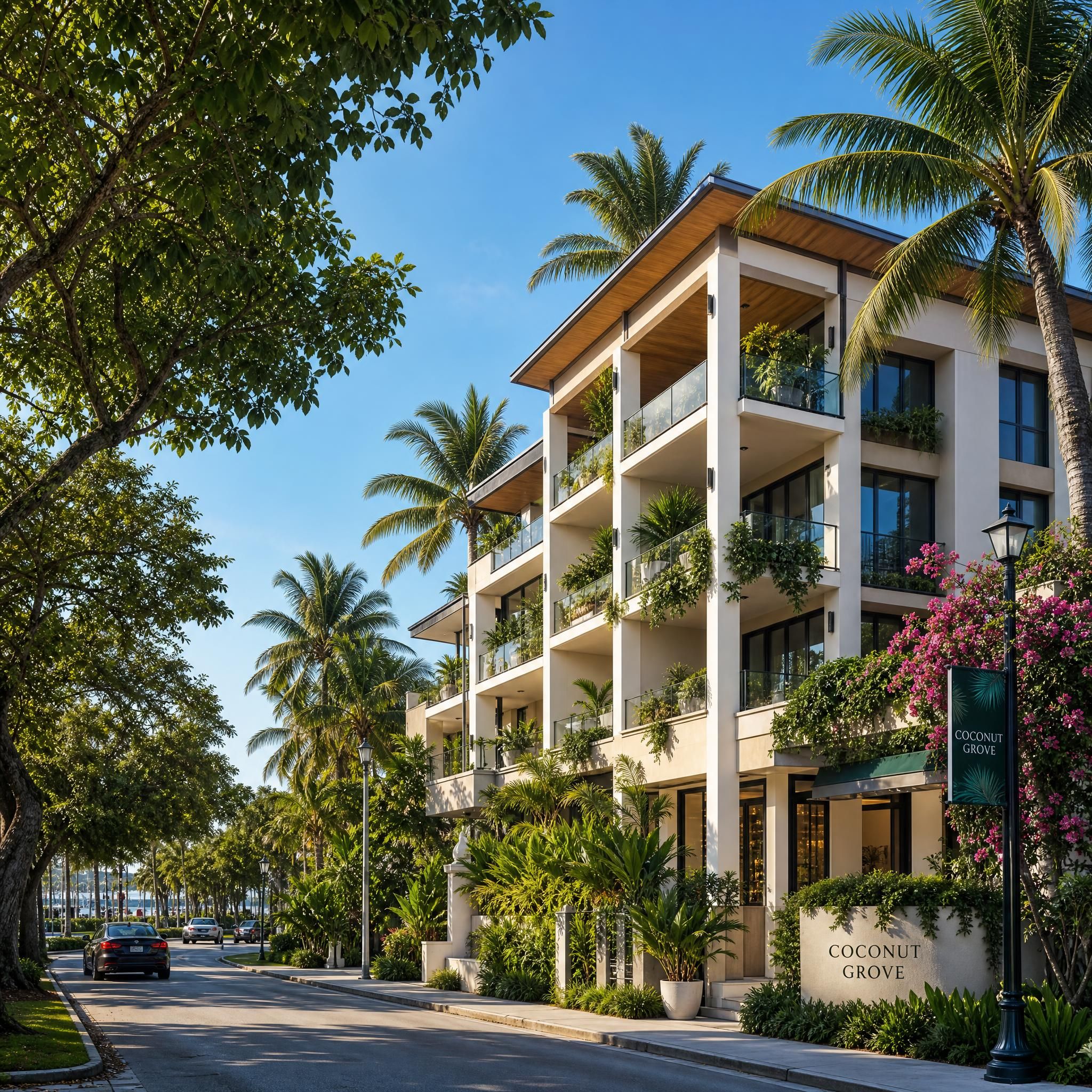 Lush Coconut Grove streetscape with luxury boutique condo building surrounded by tropical foliage and tree-lined streets