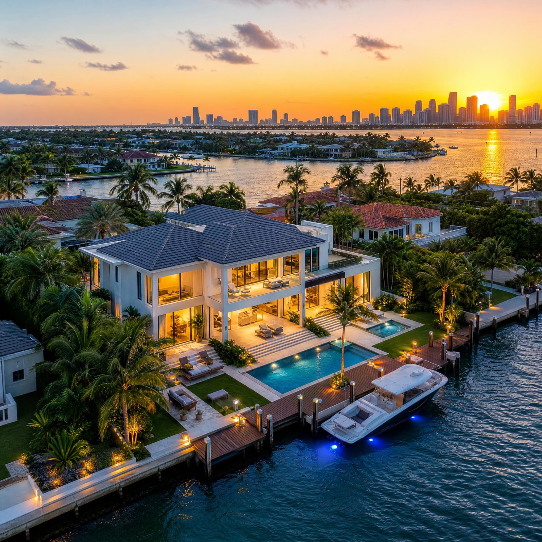 Stunning waterfront luxury home in Miami-Dade County at golden hour, aerial view of South Florida real estate