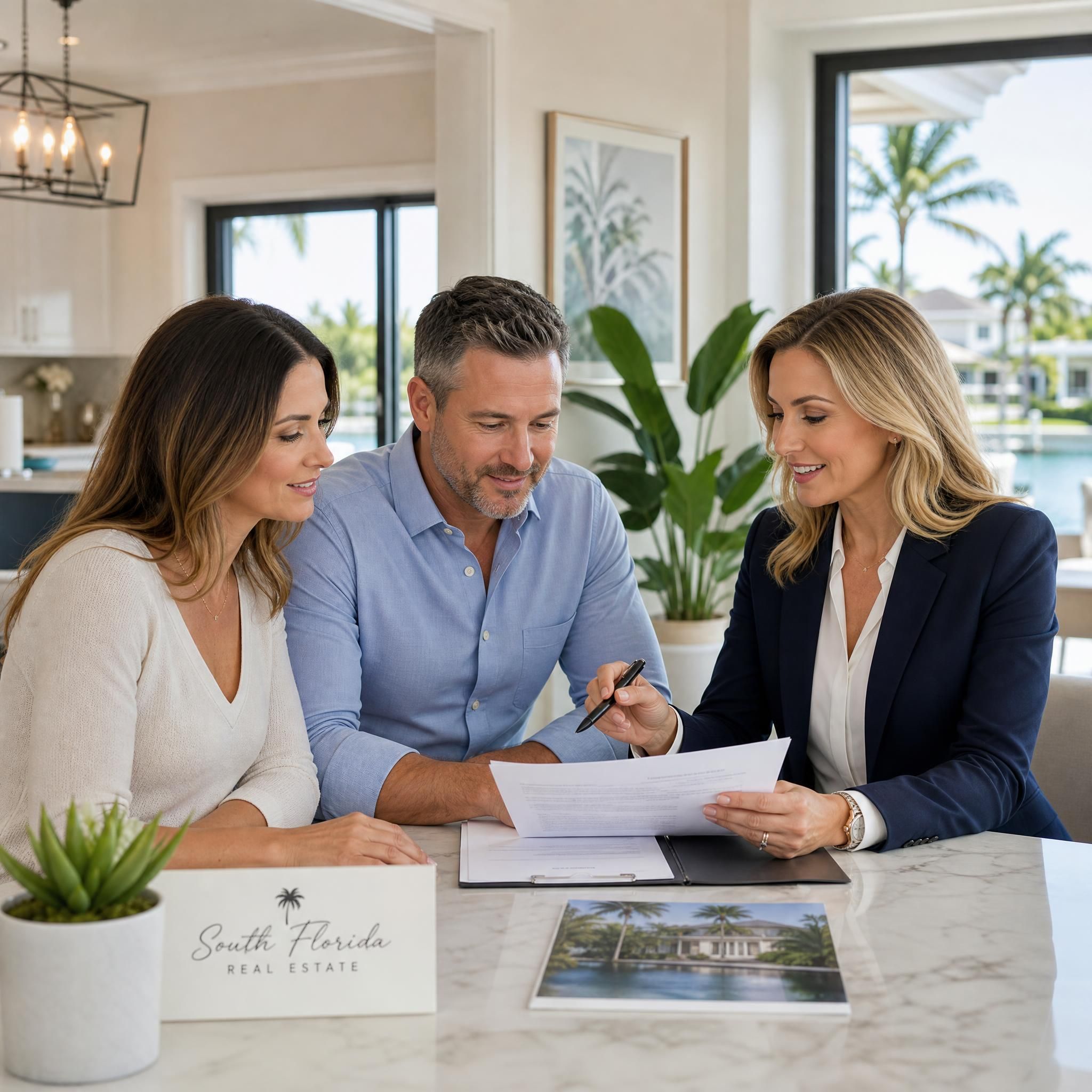 Professional real estate agent reviewing property documents with sellers at a South Florida home consultation