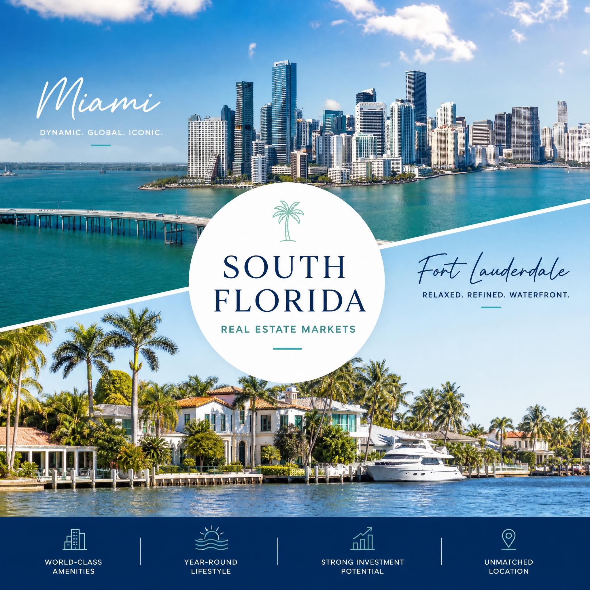 Miami skyline and Fort Lauderdale waterfront neighborhood collage representing South Florida real estate markets