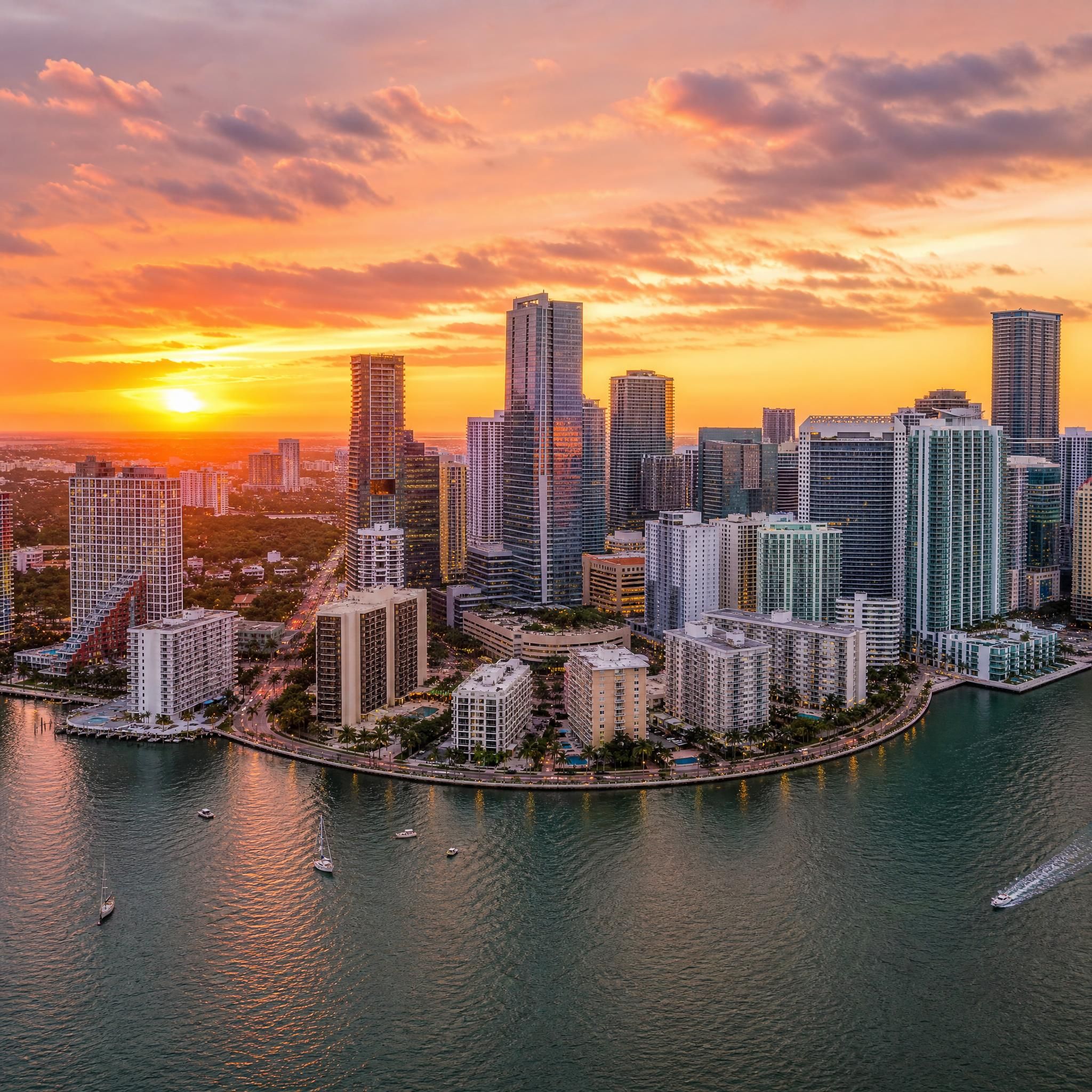 Aerial view of Miami's Brickell skyline at sunset reflecting on Biscayne Bay, luxury high-rise towers and waterfront properties