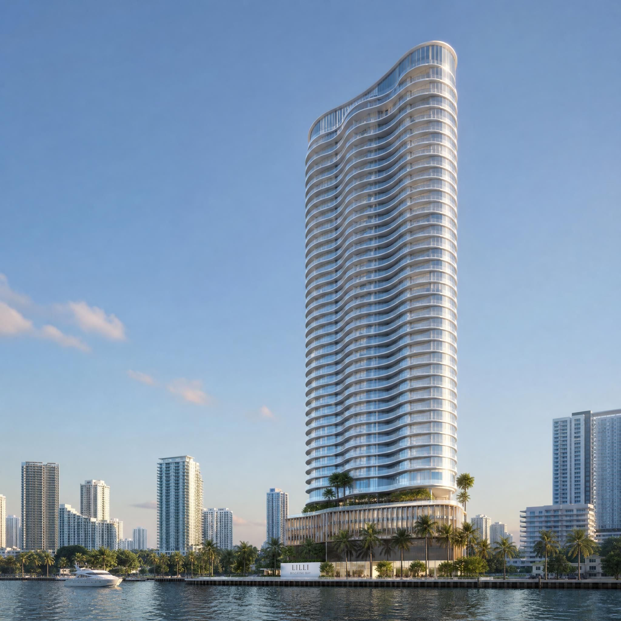 Architectural rendering of Lilli tower, a sinuous 53-story curved glass residential tower on Biscayne Bay in Miami's Edgewater neighborhood