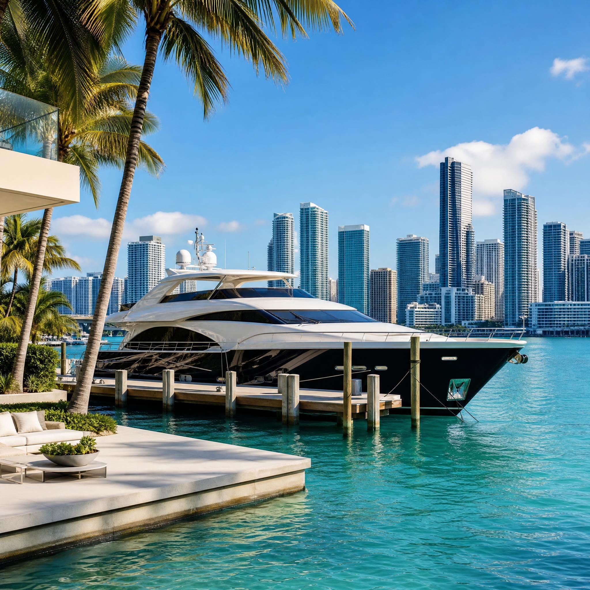 Luxury waterfront lifestyle in Miami — yacht docked at private marina with Biscayne Bay and Miami skyline backdrop