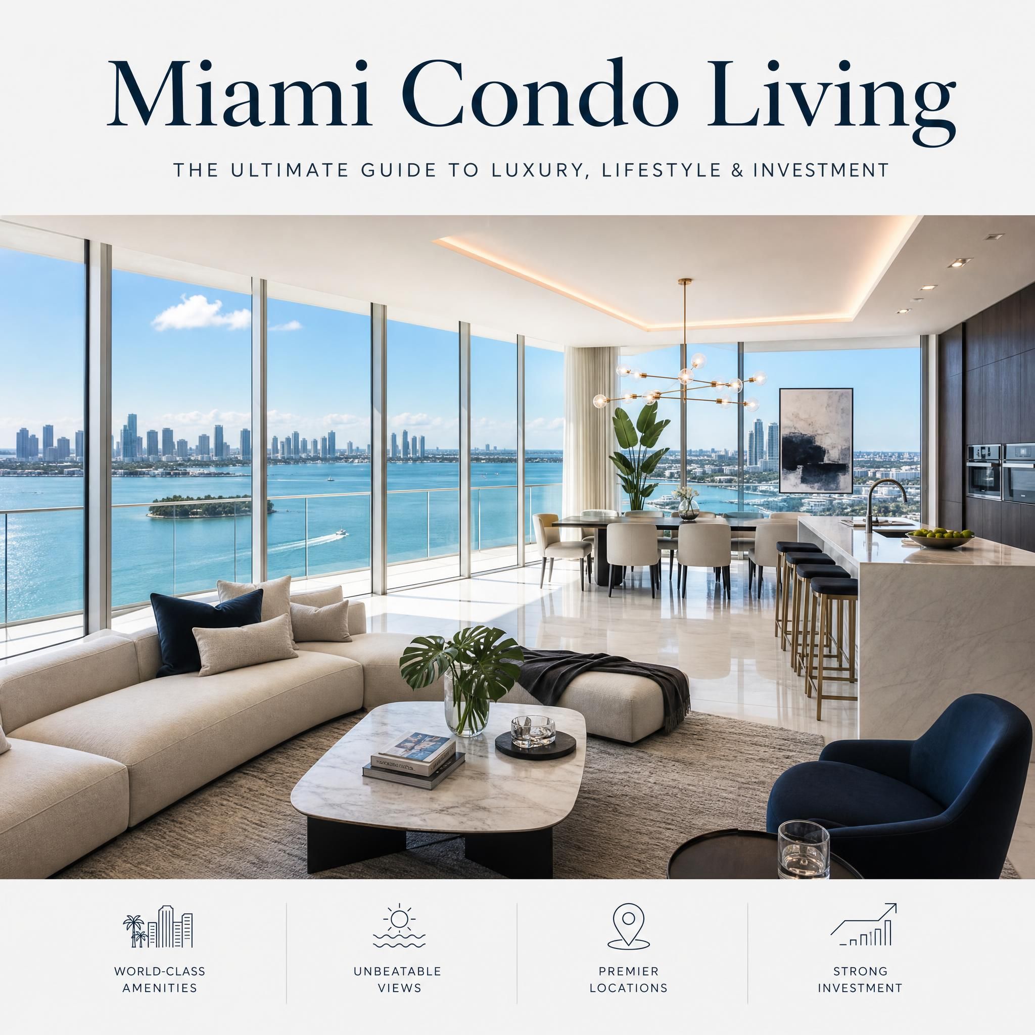 Ultra-luxury Miami condo interior with floor-to-ceiling windows, open-plan living space, and panoramic Biscayne Bay views