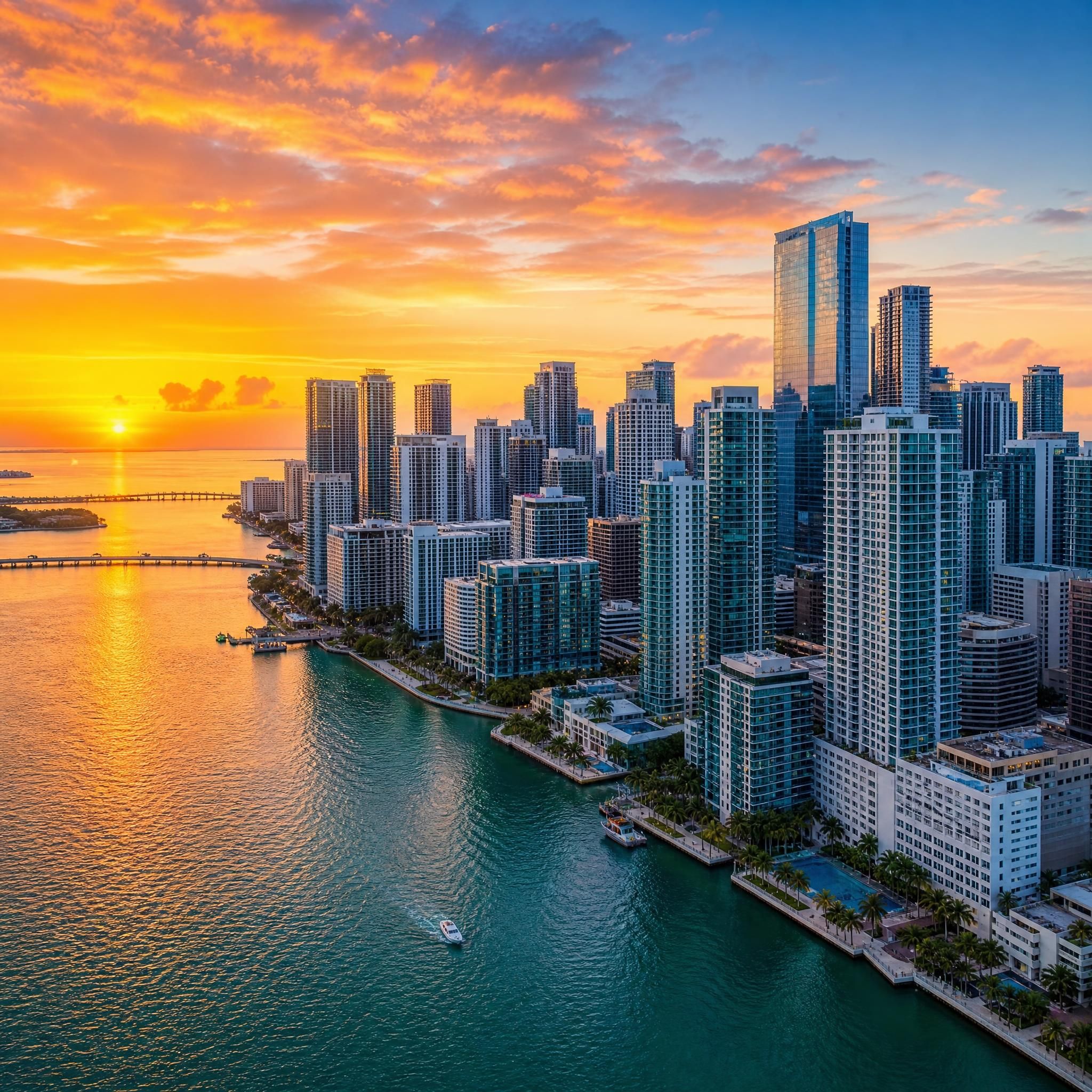 Aerial view of Miami's Brickell skyline at sunset with luxury high-rise towers and Biscayne Bay waterfront