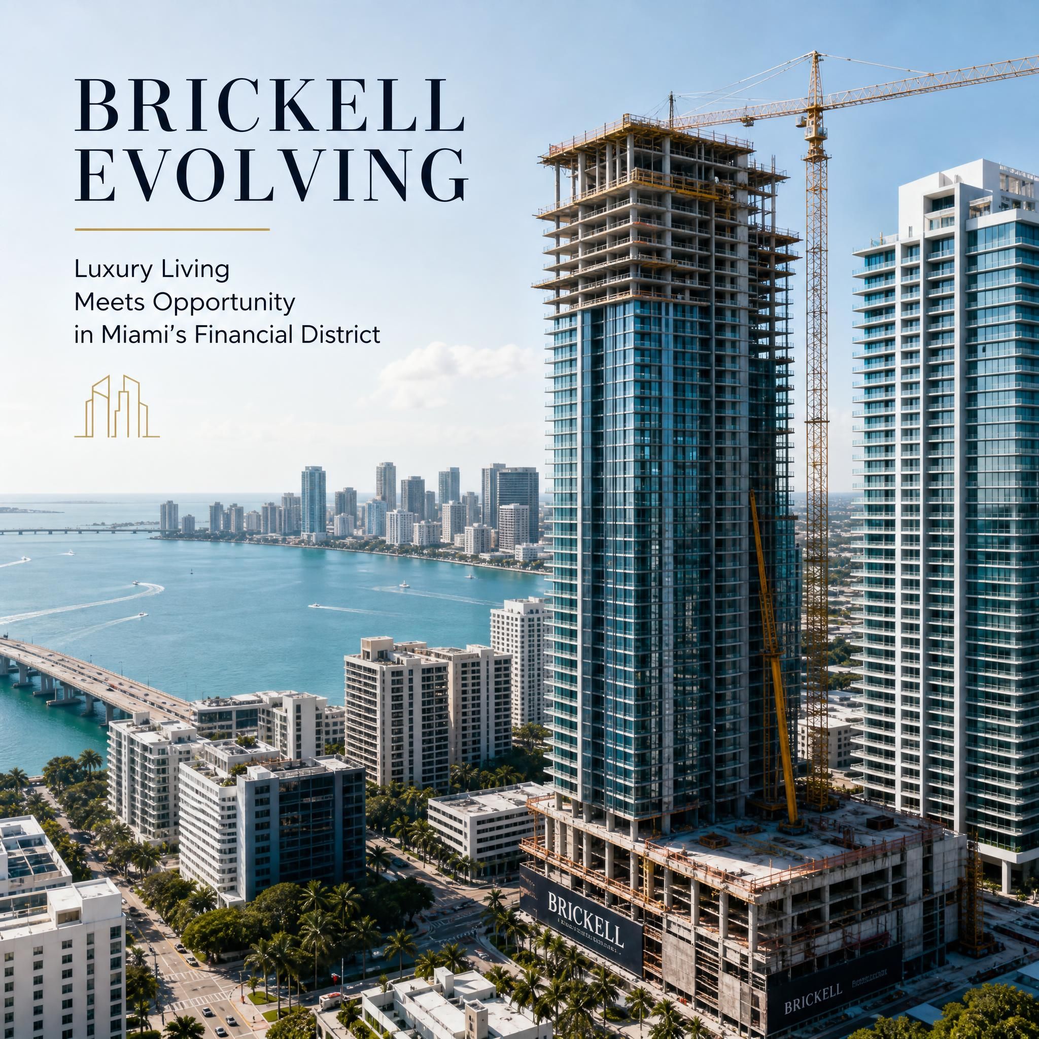 Miami Brickell financial district luxury condo towers under construction with Biscayne Bay views and city skyline