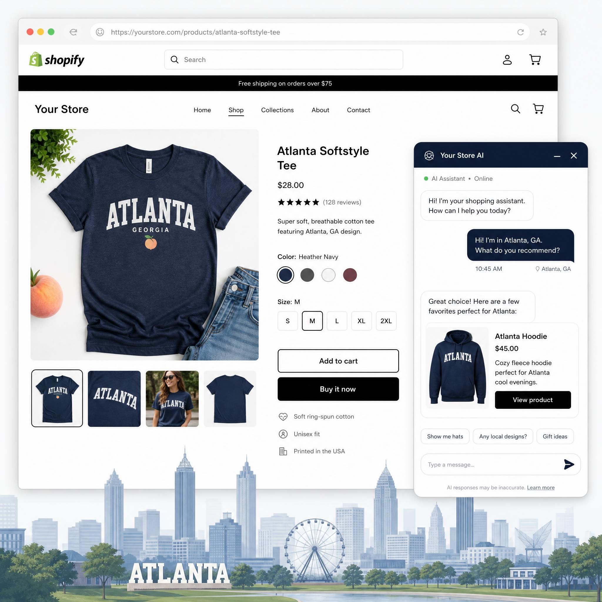 Shopify store dashboard with AI chatbot widget open on product page, showing Atlanta-based customer conversation and product recommendation