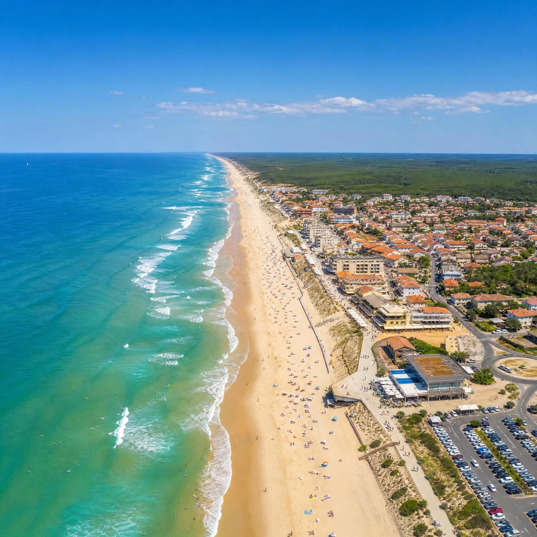 Vue aérienne de Mimizan-Plage et de l'océan Atlantique, côte nord des Landes en été