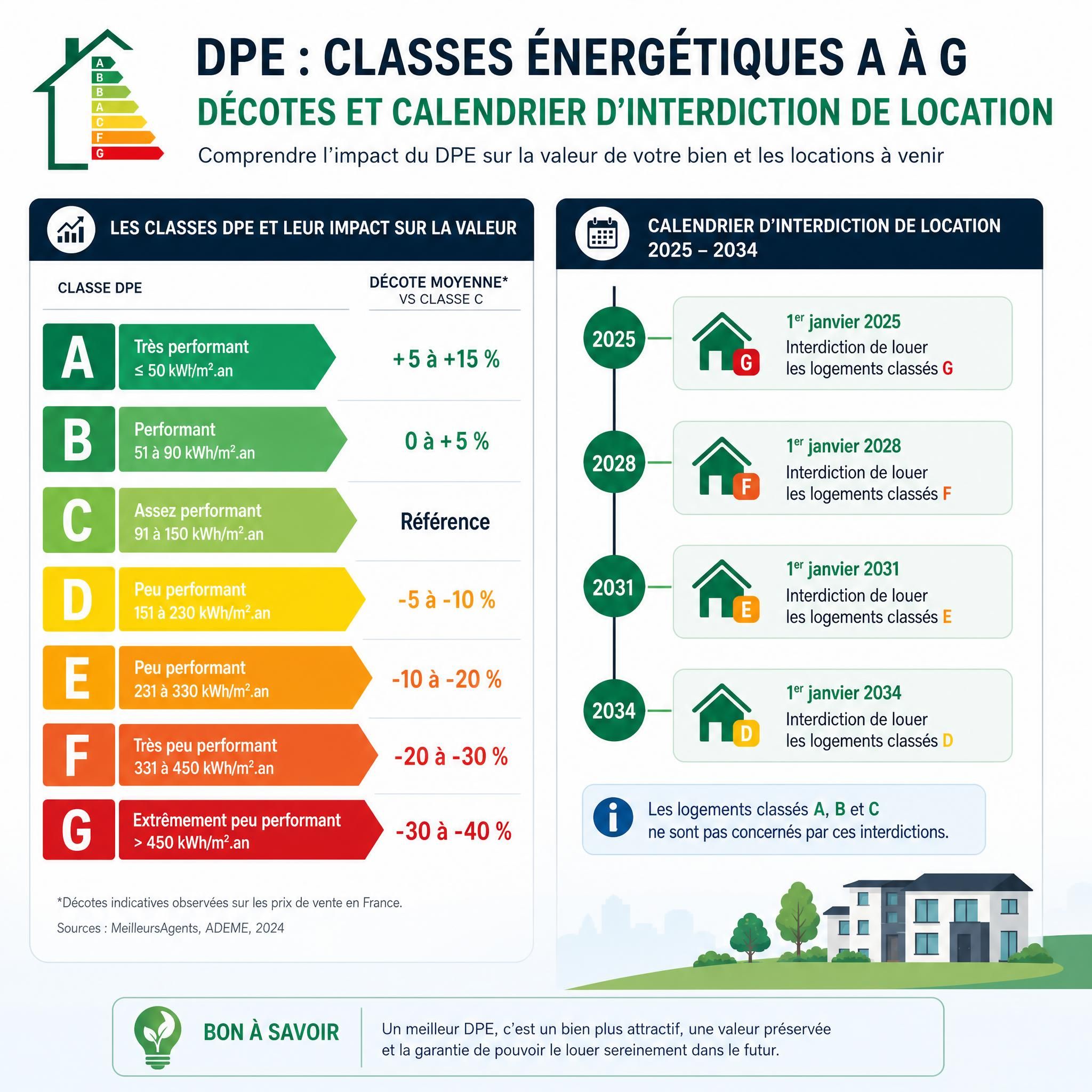 Infographie DPE classes énergétiques A à G avec décotes et calendrier d'interdiction de location 2025-2034