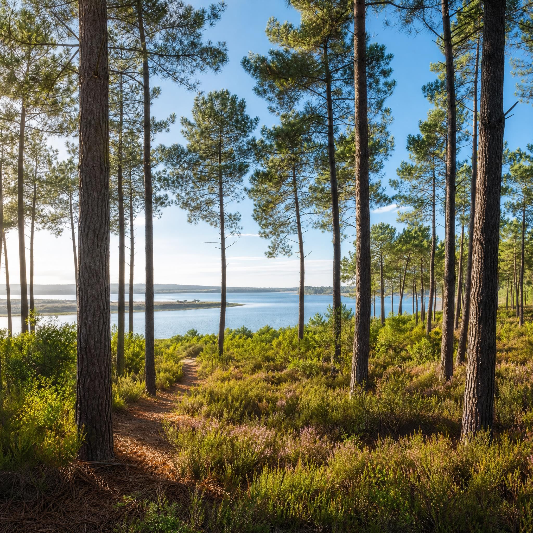 Forêt de pins des Landes avec lac en arrière-plan, cadre de vie nature de Mimizan et alentours