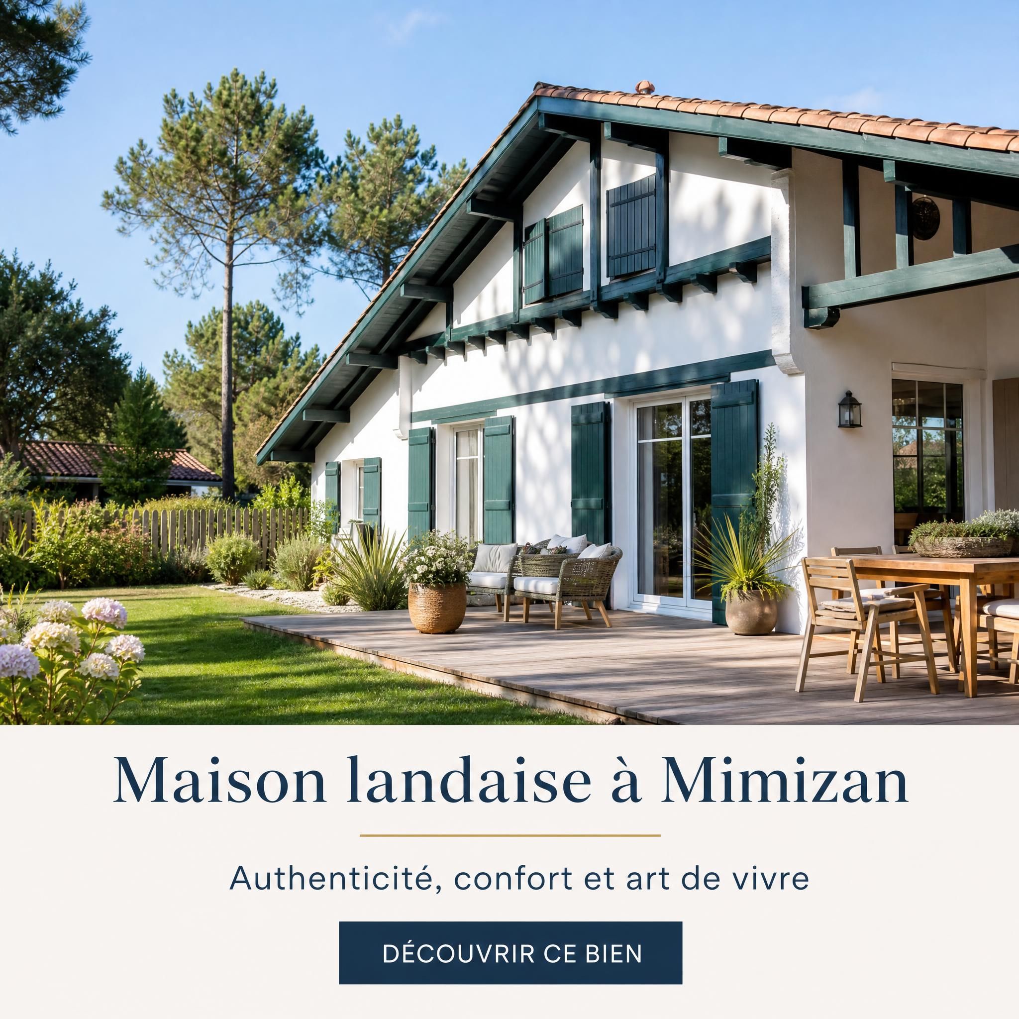 Maison landaise typique avec jardin et terrasse bois, exemple de bien bien présenté à Mimizan