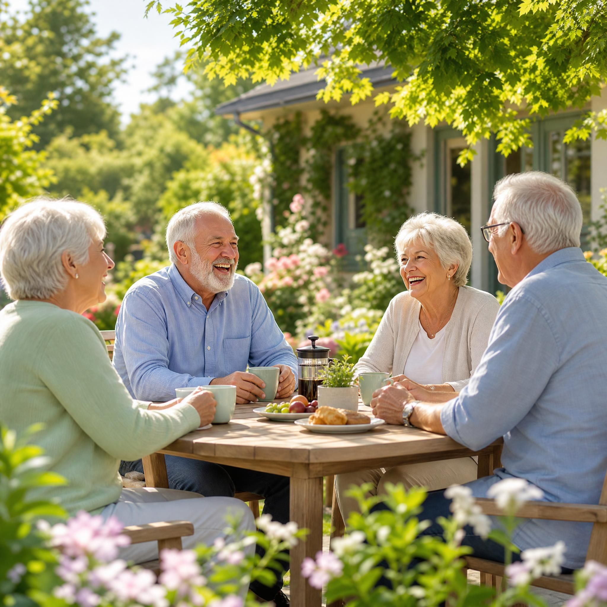Seniors profitant d'un jardin verdoyant et ensoleillé autour d'une table en bois, riant ensemble lors d'un moment de détente — atmosphère sereine et conviviale dans une maison de vie partagée