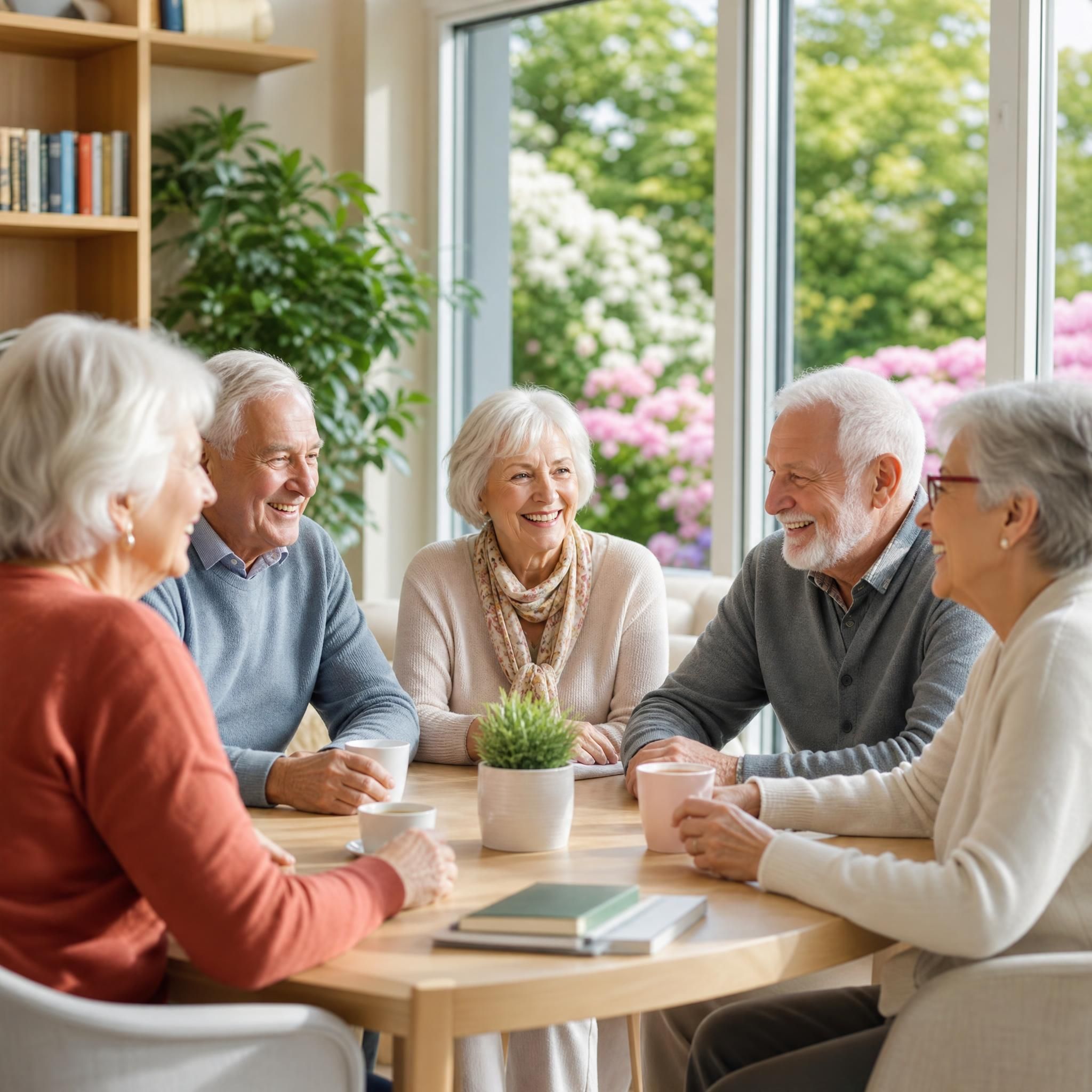 Groupe de seniors souriants réunis dans un salon commun lumineux et moderne, autour d'une table conviviale, avec de grandes fenêtres donnant sur un jardin fleuri — ambiance chaleureuse et bienveillante