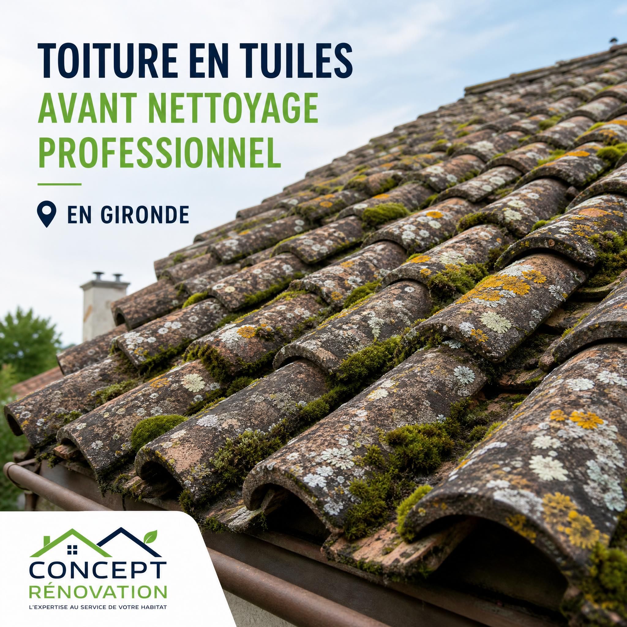 Toiture en tuiles avec mousse et lichens avant nettoyage professionnel en Gironde - Concept Rénovation