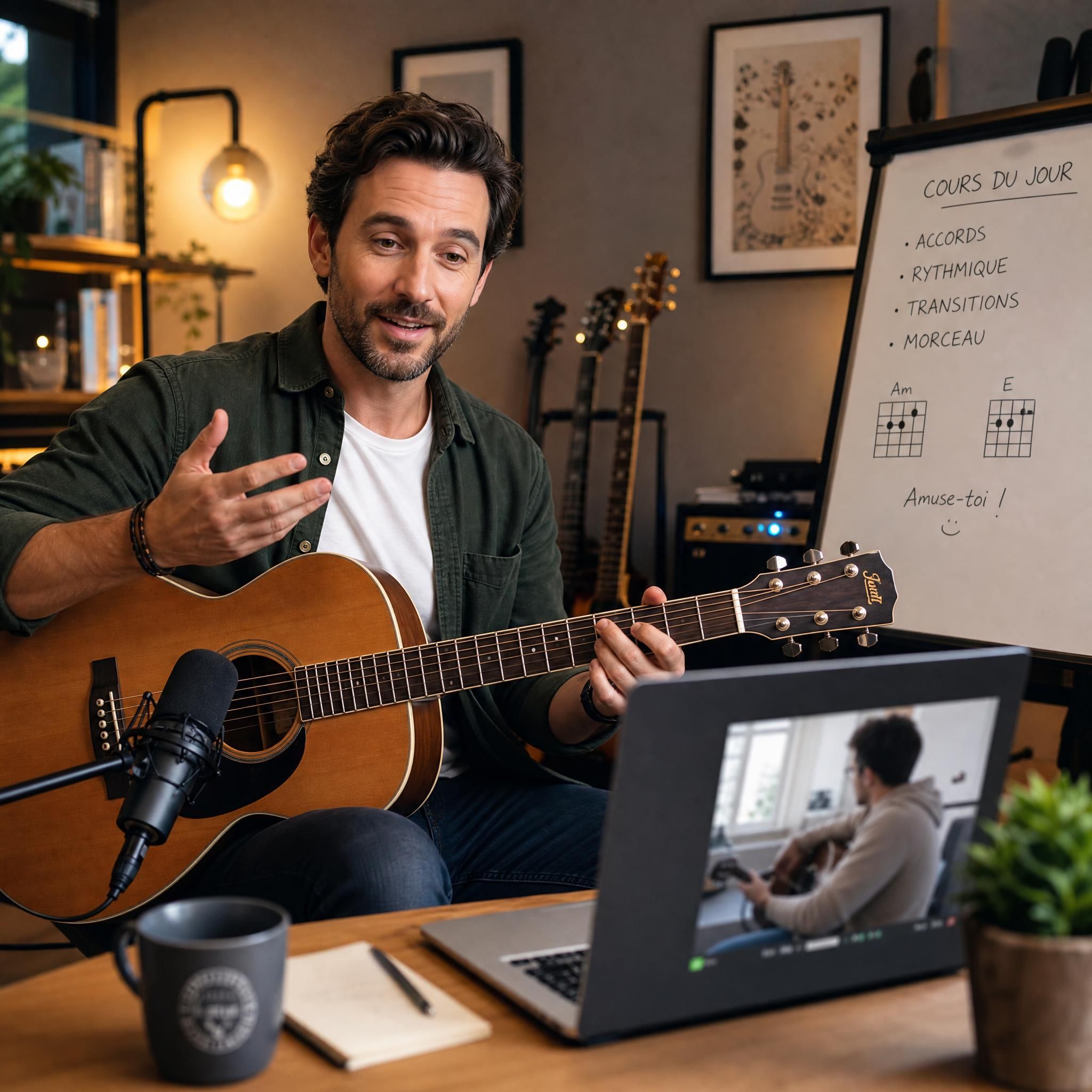 Musicien professionnel donnant un cours de guitare en ligne depuis un home studio moderne, lumière chaleureuse, ambiance inspirante