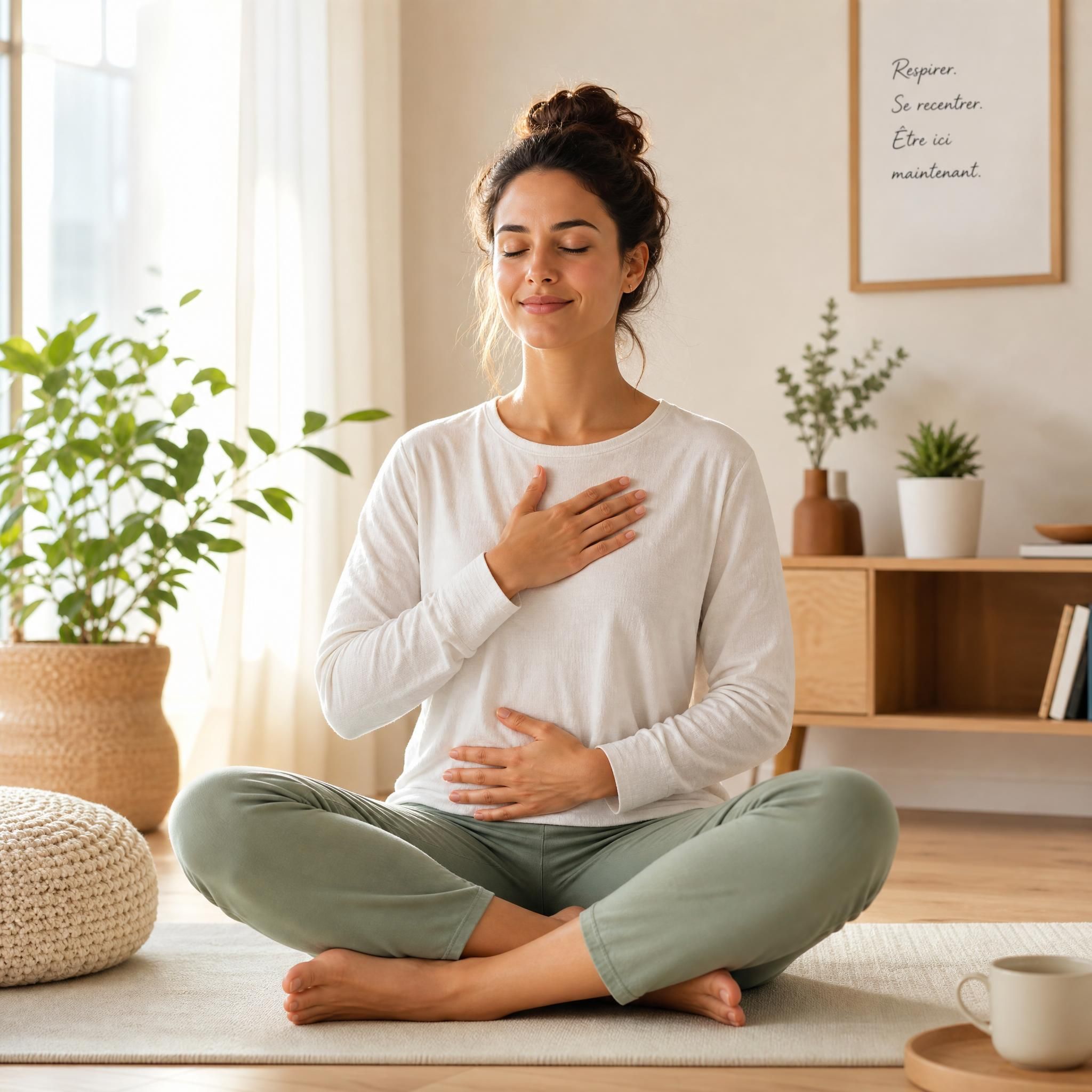 Illustration apaisante d'une personne en position assise, main posée sur le cœur, pratiquant un exercice de respiration consciente dans un intérieur lumineux