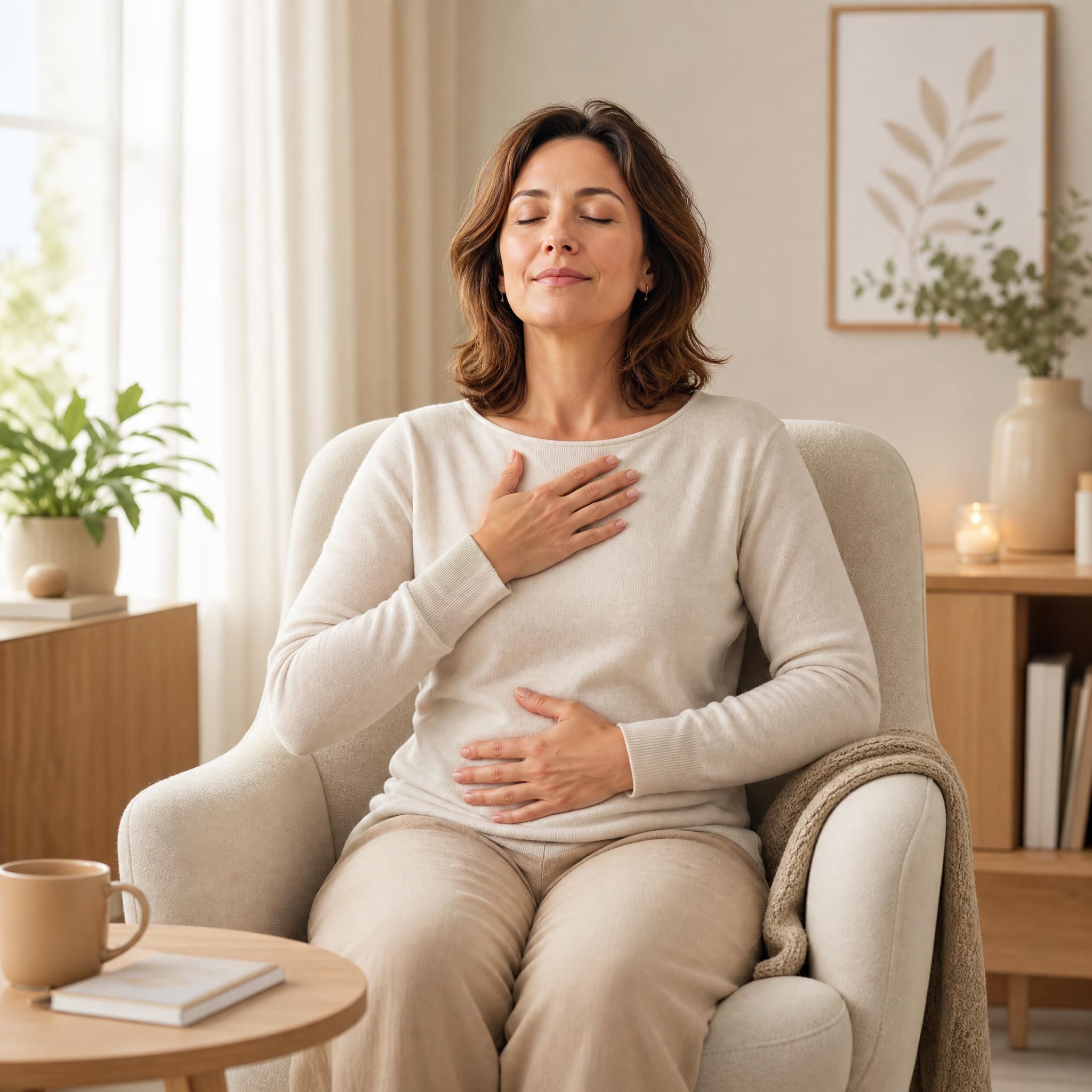 Femme d'environ 40 ans, yeux fermés, visage serein, assise dans un fauteuil chaleureux, pratiquant un exercice de respiration profonde dans un espace lumineux aux tons beige et bois clair