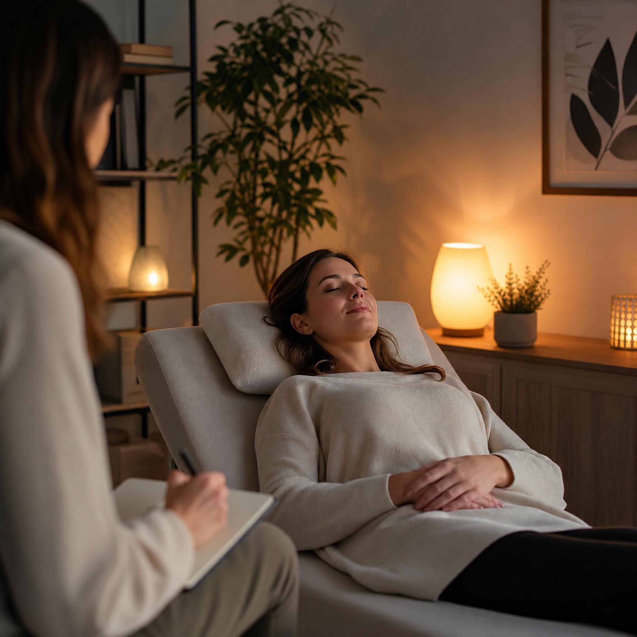 Femme en séance de relaxation guidée ou d'hypnose, allongée confortablement, visage apaisé, lumière tamisée chaleureuse, ambiance thérapeutique bienveillante et professionnelle