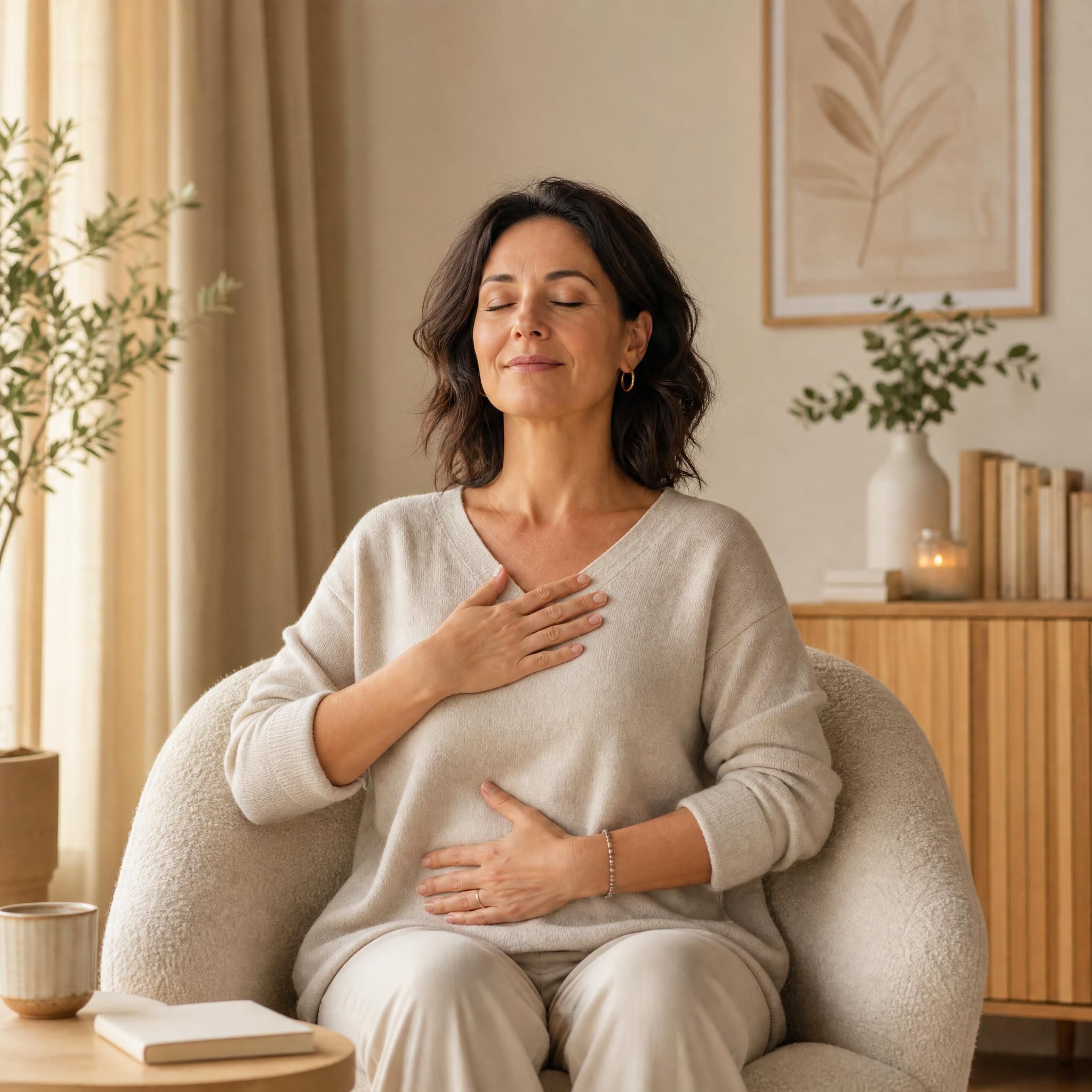 Femme d'environ 40 ans, yeux fermés, visage serein, assise dans un fauteuil confortable, pratiquant un exercice de respiration profonde dans un espace chaleureux aux tons beige et bois clair