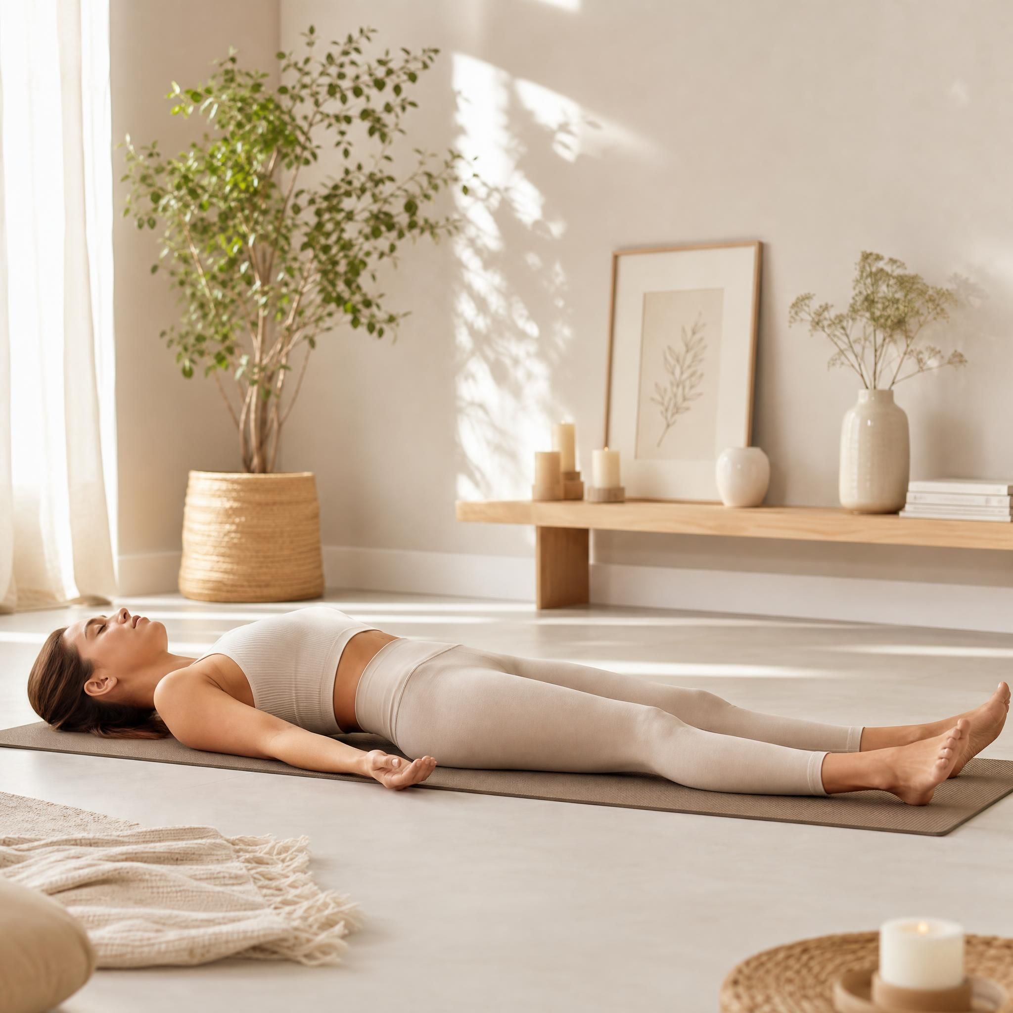 Femme allongée sur un tapis de yoga dans un espace lumineux et serein, yeux fermés, position de relaxation complète, lumière naturelle douce, tons beige et blanc