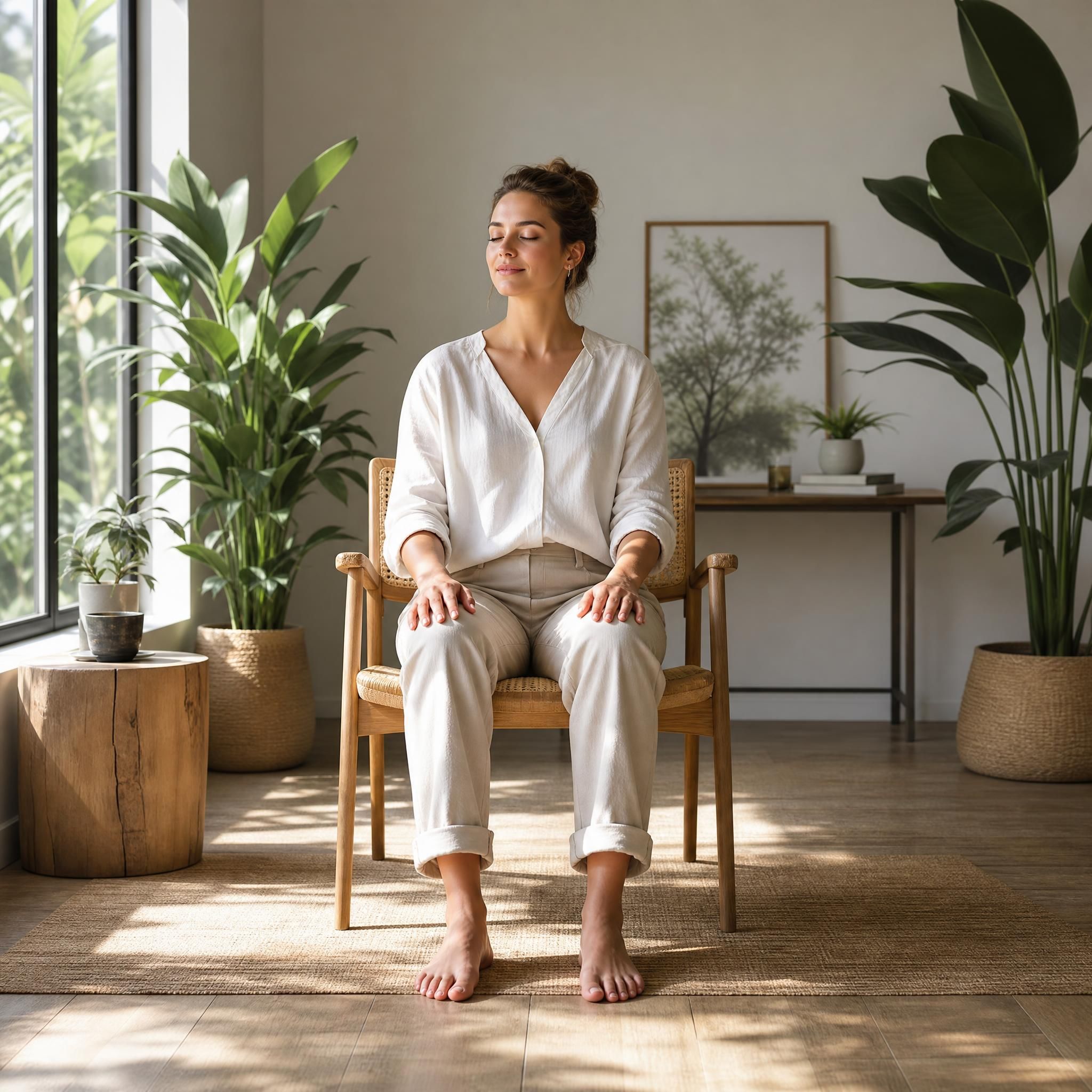 Personne assise les pieds à plat sur le sol dans un espace naturel lumineux, posture d'ancrage et de stabilité, regard serein tourné vers l'intérieur