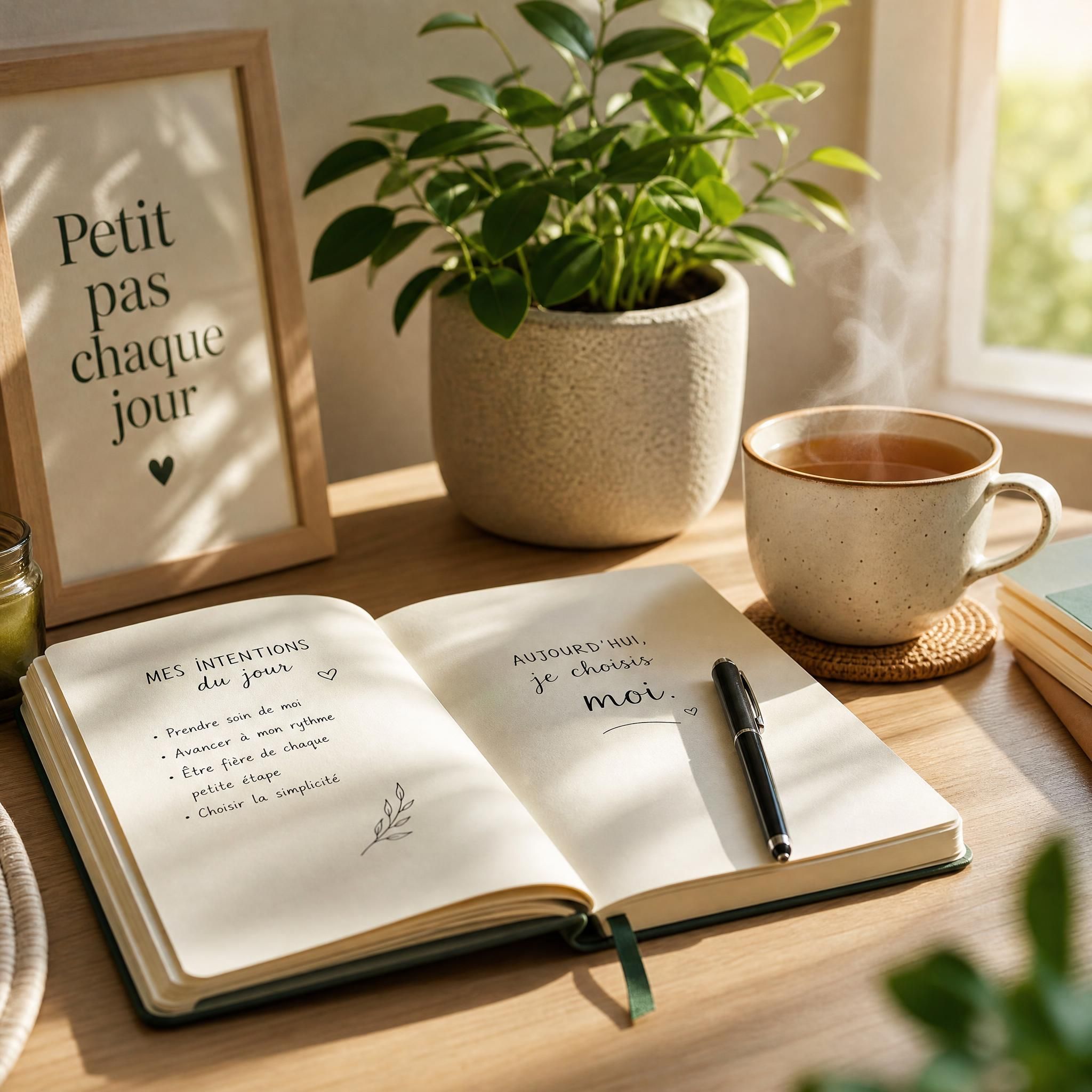 Carnet de notes ouvert avec un stylo, tasse de thé fumante, plante verte, lumière matinale douce — ambiance rituel bien-être et autonomie quotidienne