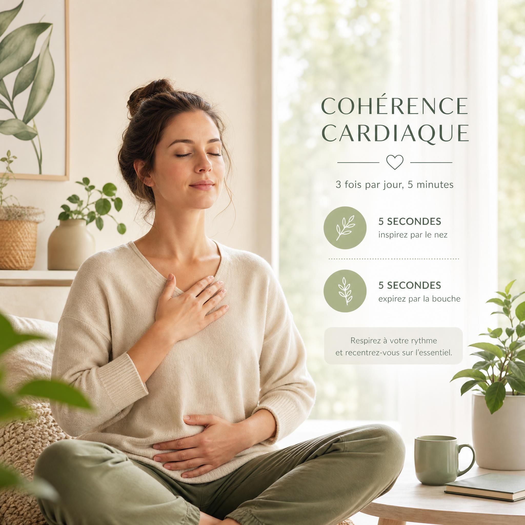 Illustration apaisante d'une femme pratiquant la cohérence cardiaque, main posée sur le cœur, dans un espace lumineux et naturel, tons doux beige et vert