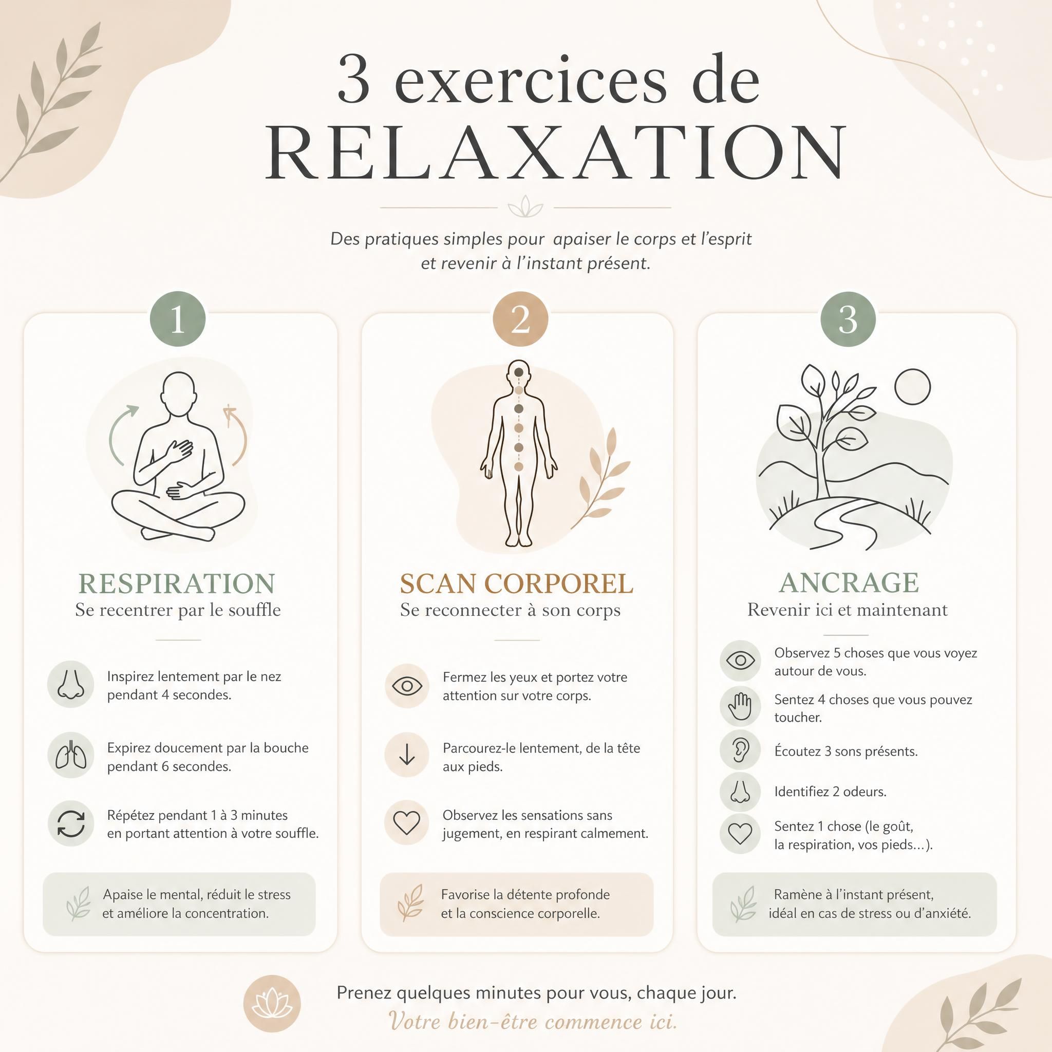 Infographie visuelle et apaisante illustrant les 3 exercices de relaxation — respiration, scan corporel, ancrage — avec des icônes douces sur fond beige et blanc cassé