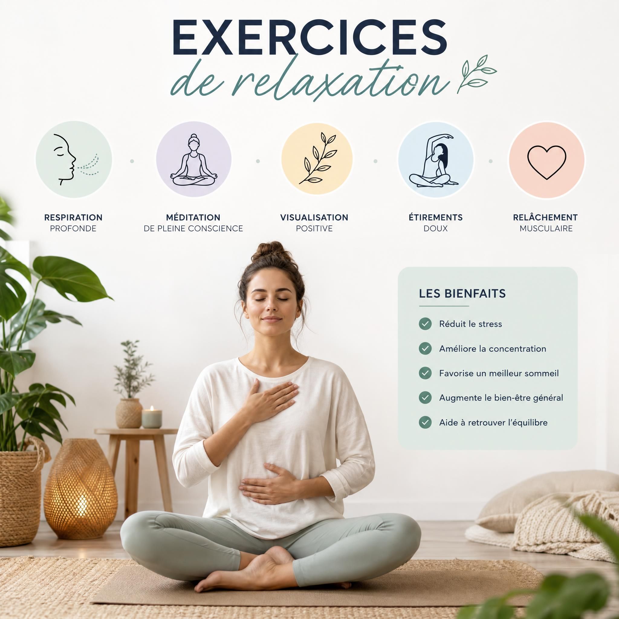 Femme d’environ 40 ans, yeux fermés, visage serein, assise dans un fauteuil confortable, pratiquant un exercice de respiration profonde dans un espace ch
3 exercices de relaxation pour apaiser votre système nerveux en 10 minutes
![exercices de relaxation