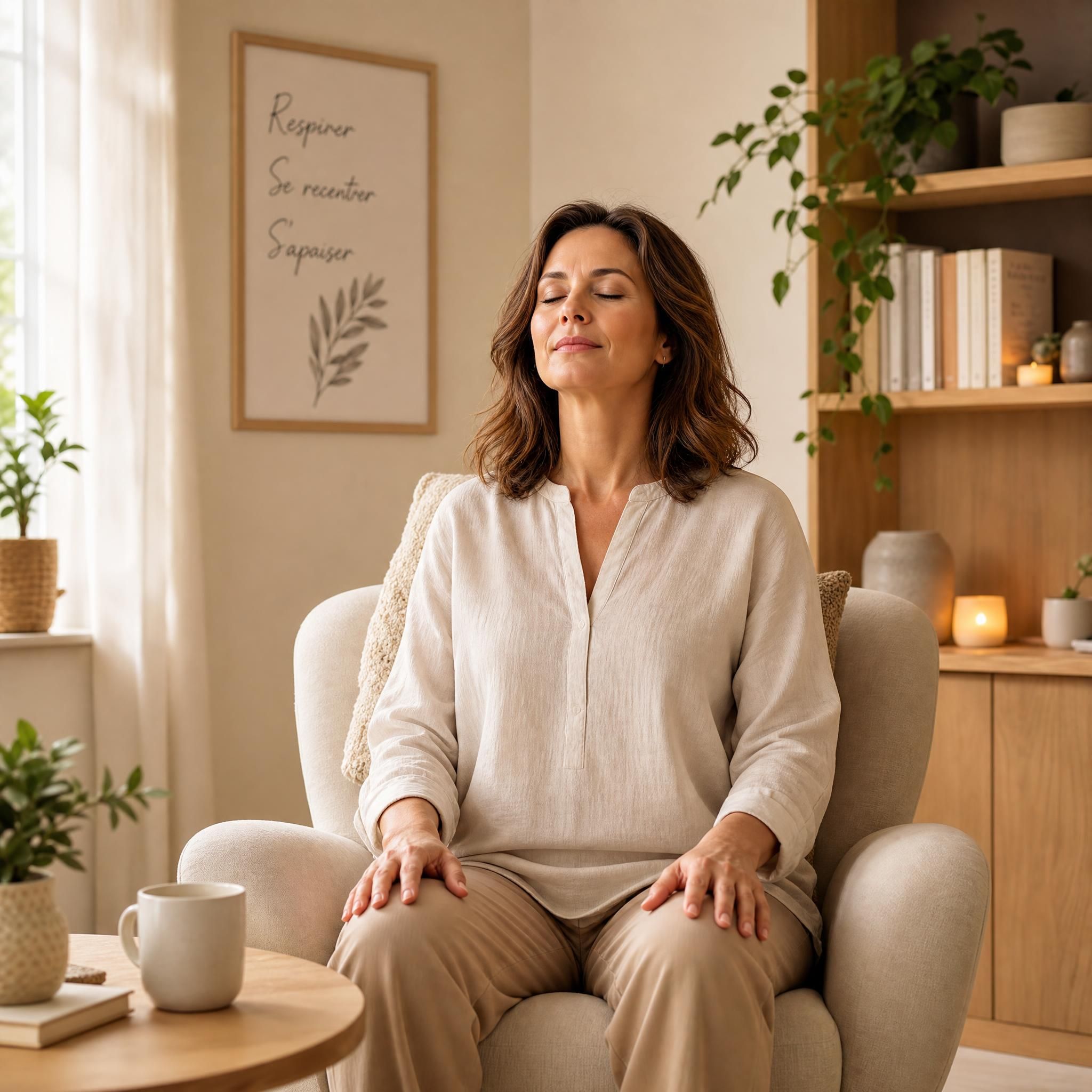 Femme d'environ 40 ans, yeux fermés, visage serein et détendu, assise dans un fauteuil chaleureux, les mains posées sur les genoux, pratiquant un exercice de respiration profonde dans un espace lumineux aux tons beige et bois clair