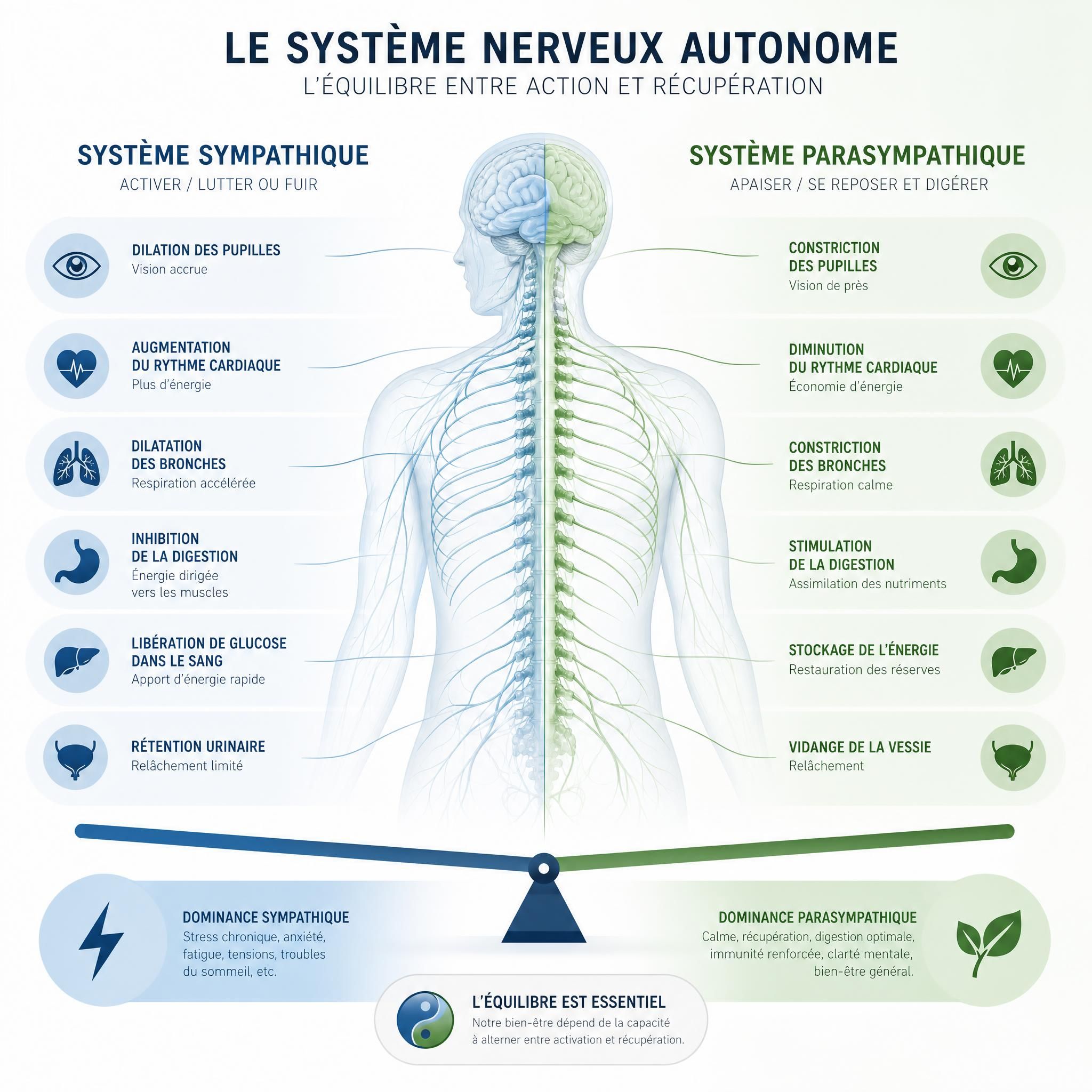 Illustration scientifique du système nerveux autonome montrant la bascule entre système sympathique et parasympathique, tons bleus et verts apaisants