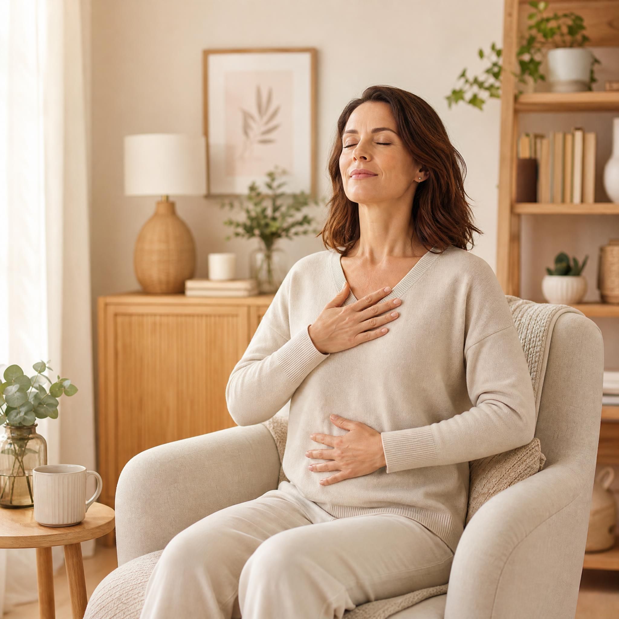 Femme d'environ 40 ans, yeux fermés, visage serein, assise dans un fauteuil confortable, pratiquant un exercice de respiration profonde dans un espace chaleureux aux tons beige et bois clair, lumière naturelle douce