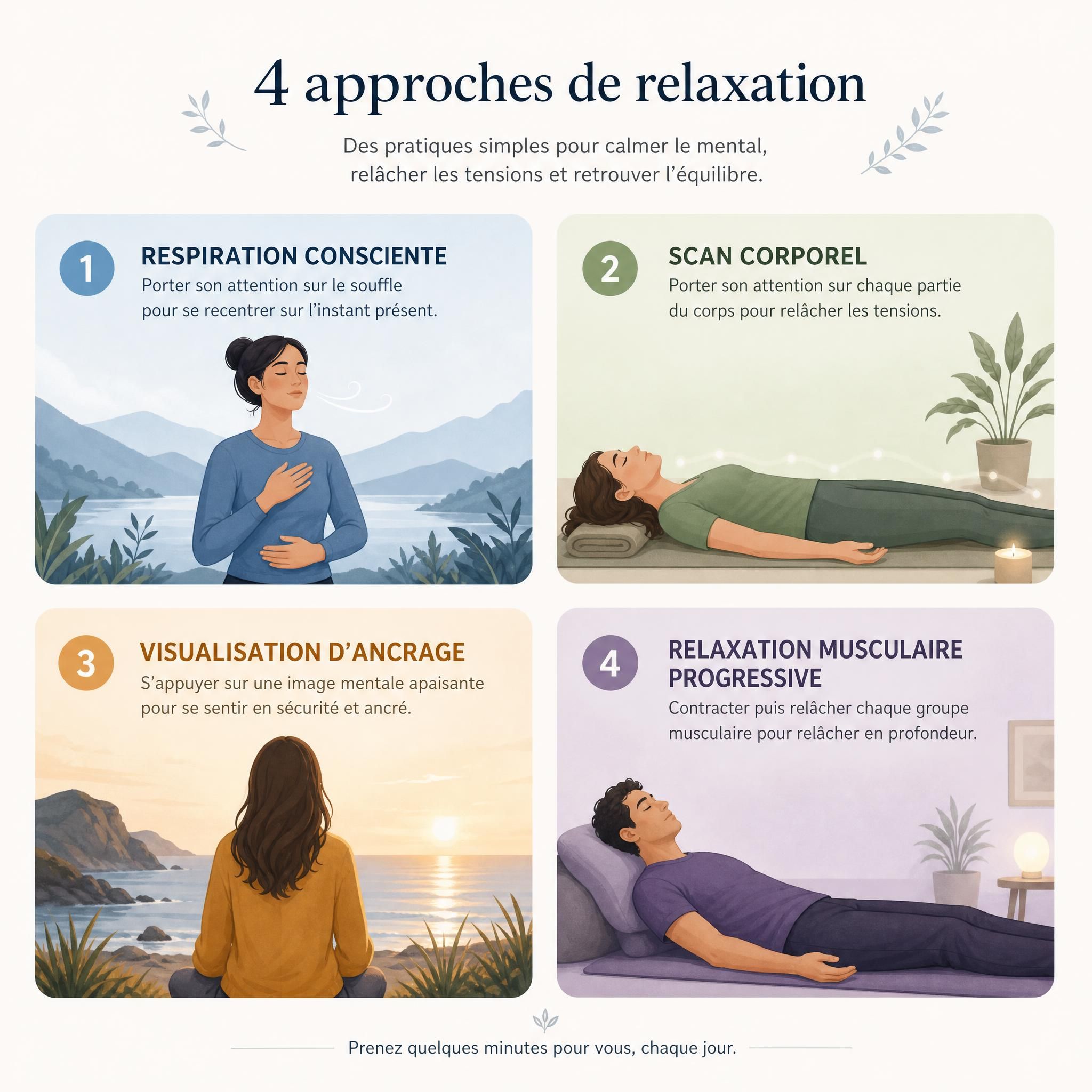 Illustration comparant quatre approches de relaxation : respiration consciente, scan corporel, visualisation d'ancrage, et relaxation musculaire progressive, présentées sous forme de vignettes apaisantes