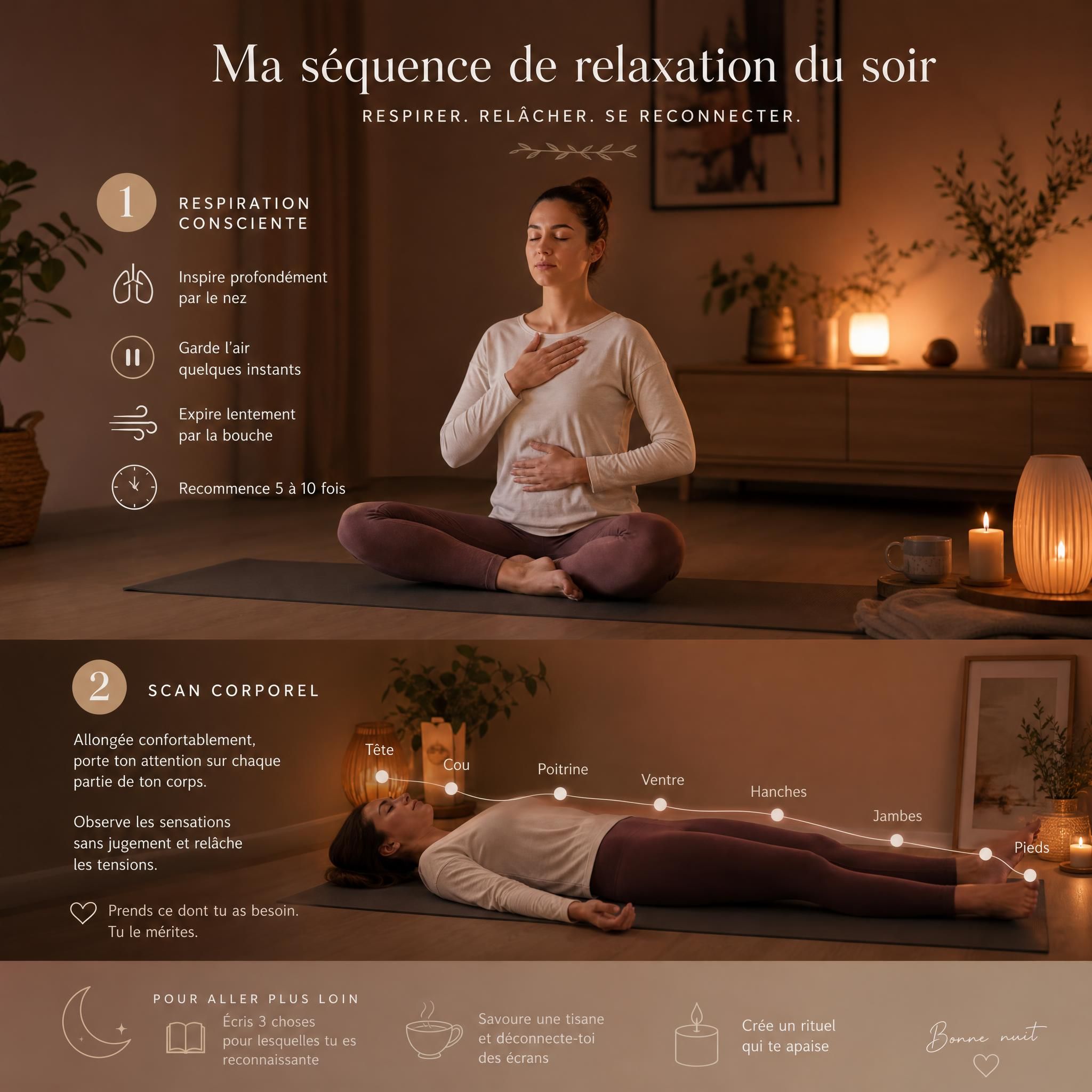 Femme pratiquant une séquence de relaxation le soir : respiration consciente puis scan corporel allongée sur un tapis, dans une pièce tamisée aux tons chauds, ambiance de rituels du soir apaisants