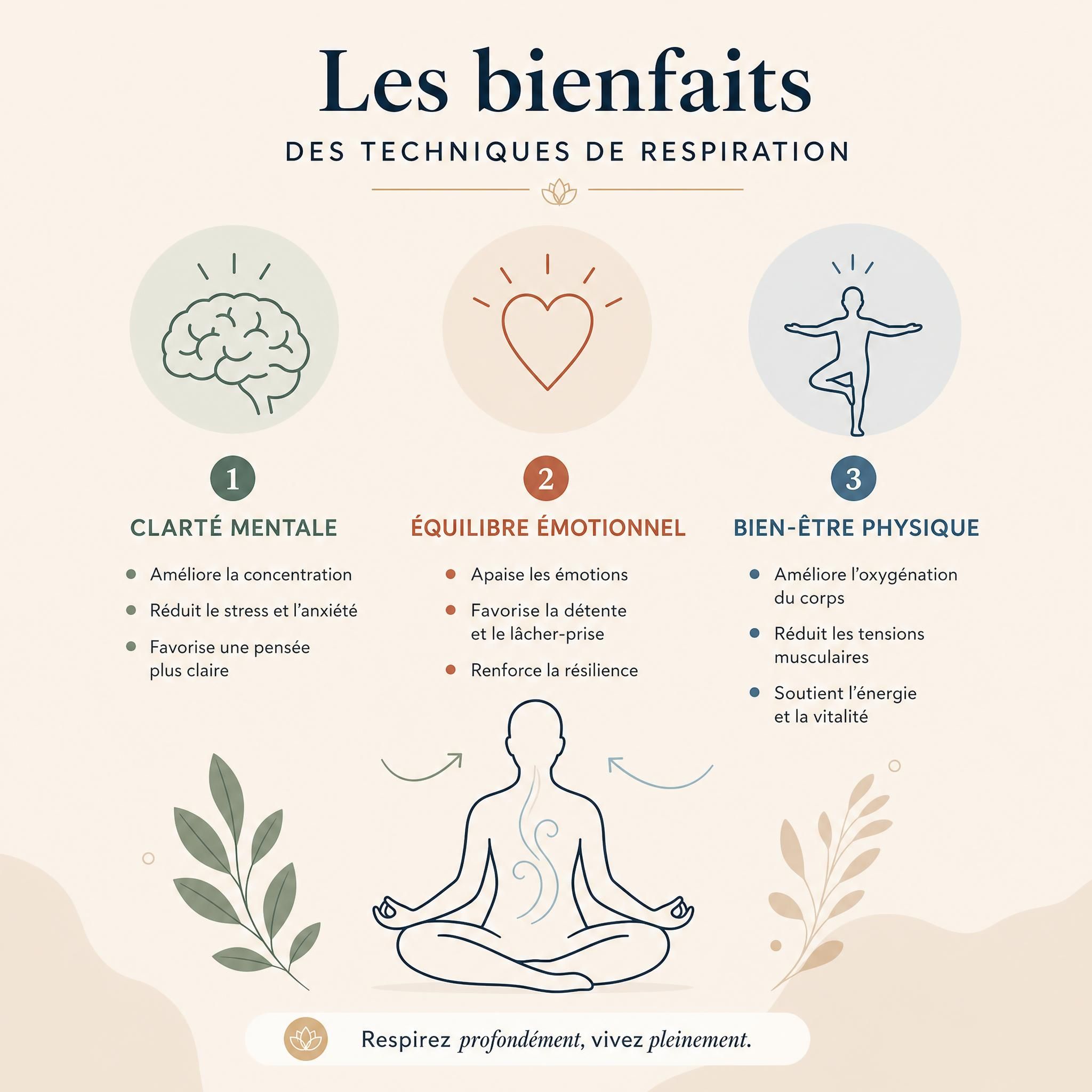 Infographie épurée sur fond beige clair avec icônes minimalistes représentant les bienfaits des techniques de respiration : cerveau, cœur, silhouette humaine en équilibre