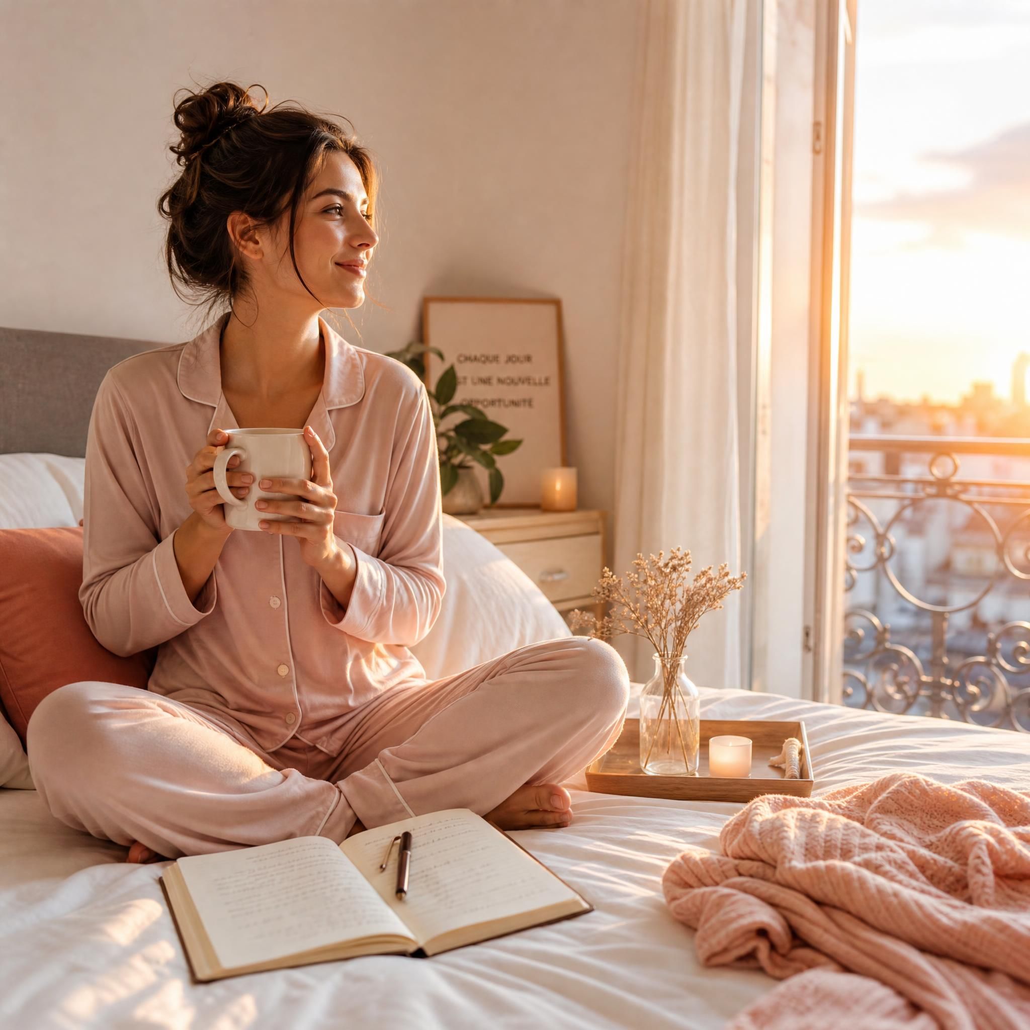 Femme en pyjama doux assise en tailleur sur son lit le matin, lumière dorée du lever du soleil, carnet de notes ouvert à côté, ambiance de rituel matinal serein