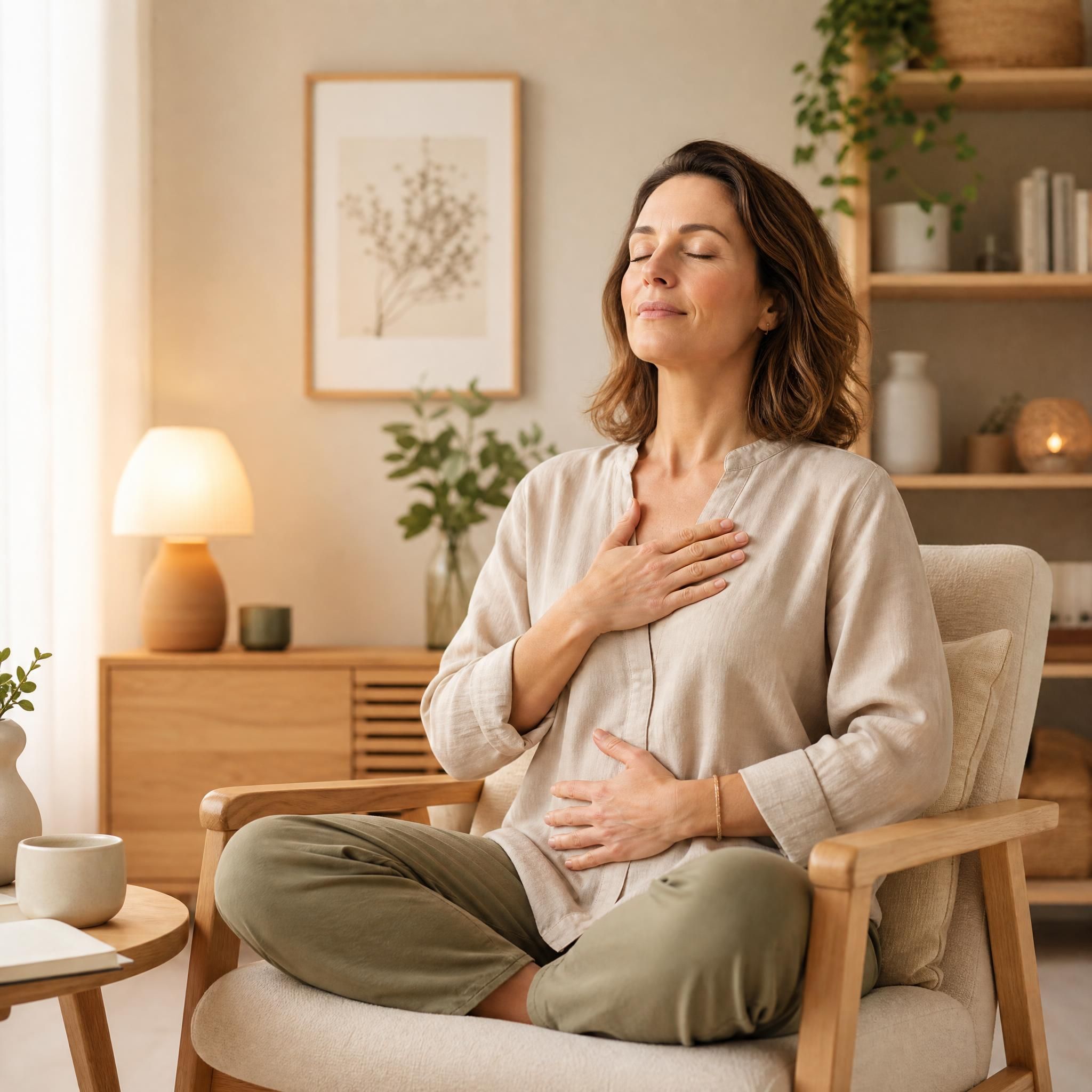 Femme d'environ 40 ans, yeux fermés, visage serein, assise dans un fauteuil chaleureux, pratiquant un exercice de respiration profonde dans un espace doux aux tons beige et bois clair