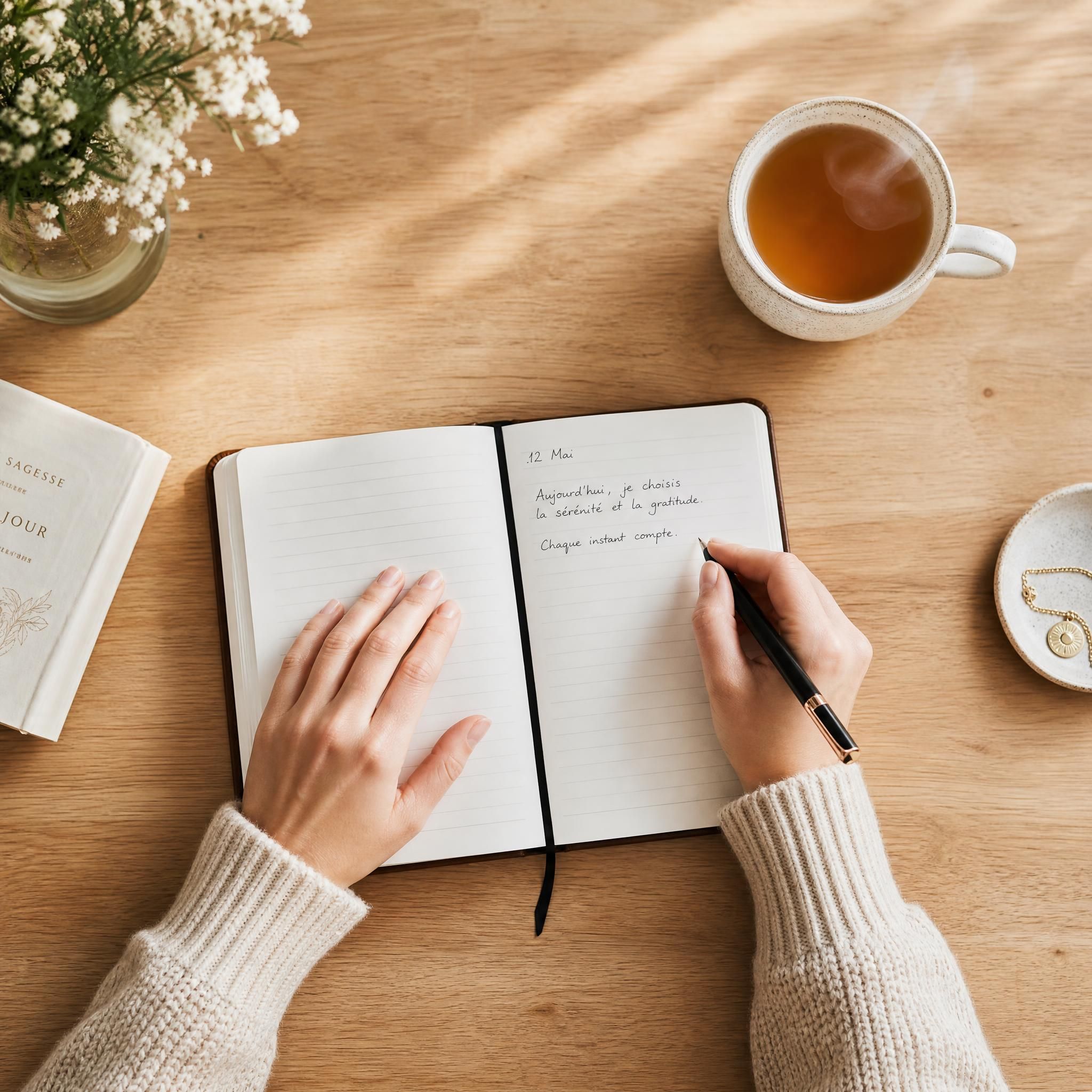 Vue de dessus d'une personne écrivant dans un carnet de notes posé sur une table en bois clair, tasse de thé fumante à côté, lumière naturelle douce, ambiance introspective et sereine