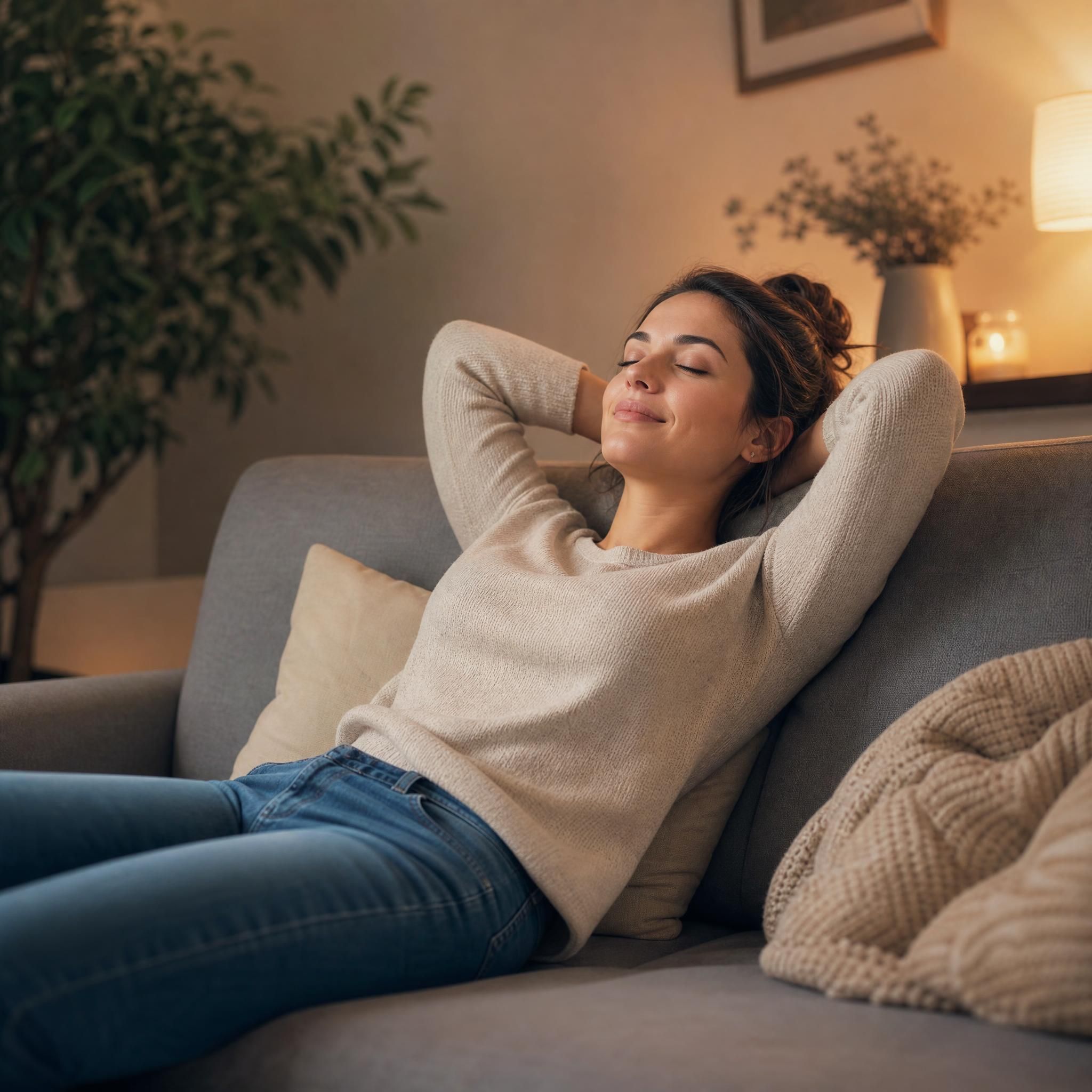 Femme allongée en position de relaxation profonde sur un canapé confortable, yeux fermés, expression sereine, lumière tamisée et douce, plan moyen